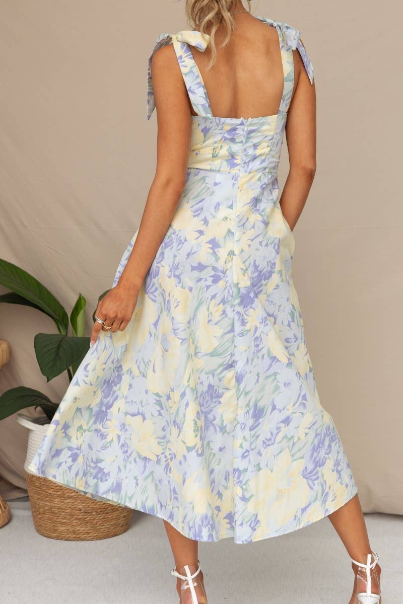 Women's V Neck Tie Strap Dress Flowy Dresses: Blue