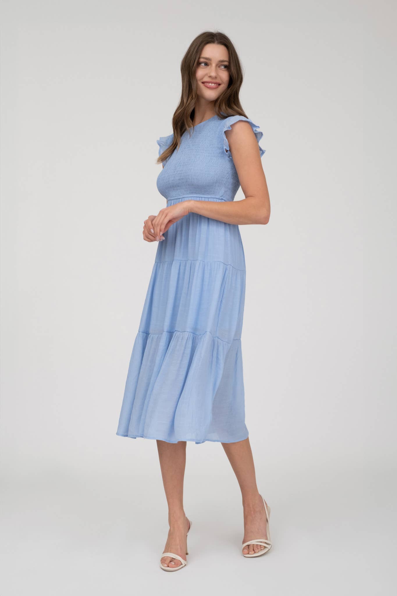 SMOCKED TIERED MIDI DRESS: LIGHT SAGE