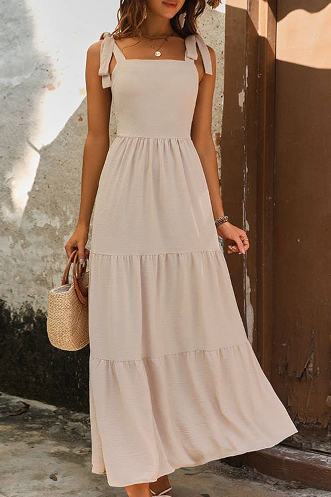Summer Square Neck Tie Strap Dress: Apricot