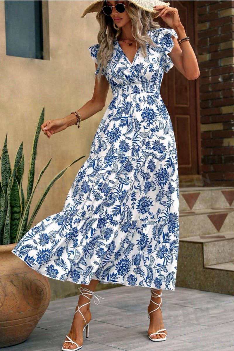 FLORAL PRINT DRESS WITH BUTTERFLY SLEEVES HEMMED: BLUE