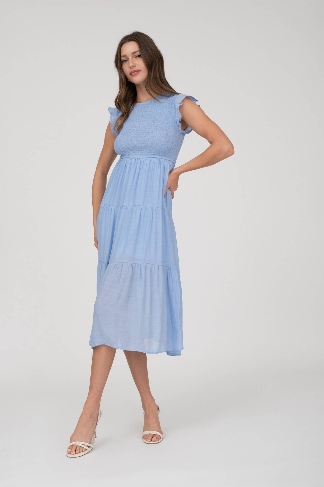SMOCKED TIERED MIDI DRESS: LIGHT SAGE