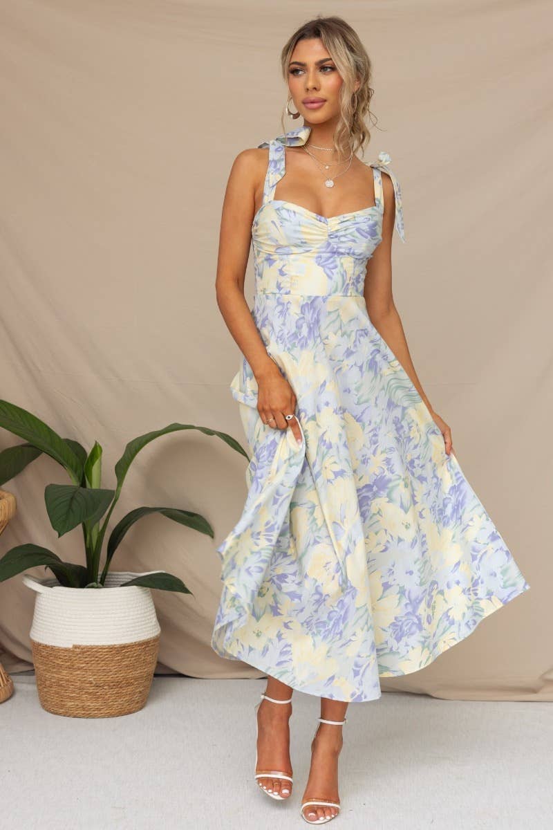 Women's V Neck Tie Strap Dress Flowy Dresses: Blue