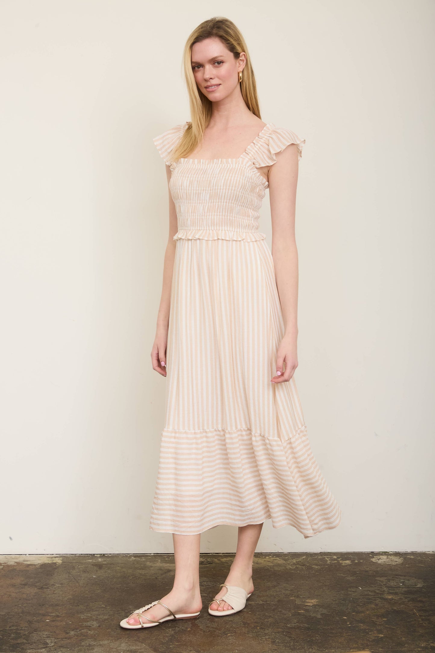 STRIPE SMOCKED RUFFLE TRIM MIDI DRESS: LIGHT OLIVE