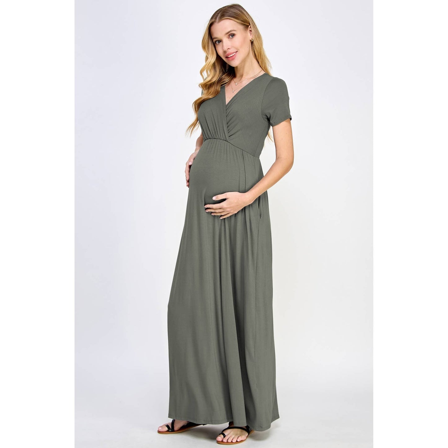 Surplice Maternity Nursing Short Sleeve Maxi Dress: Mauve