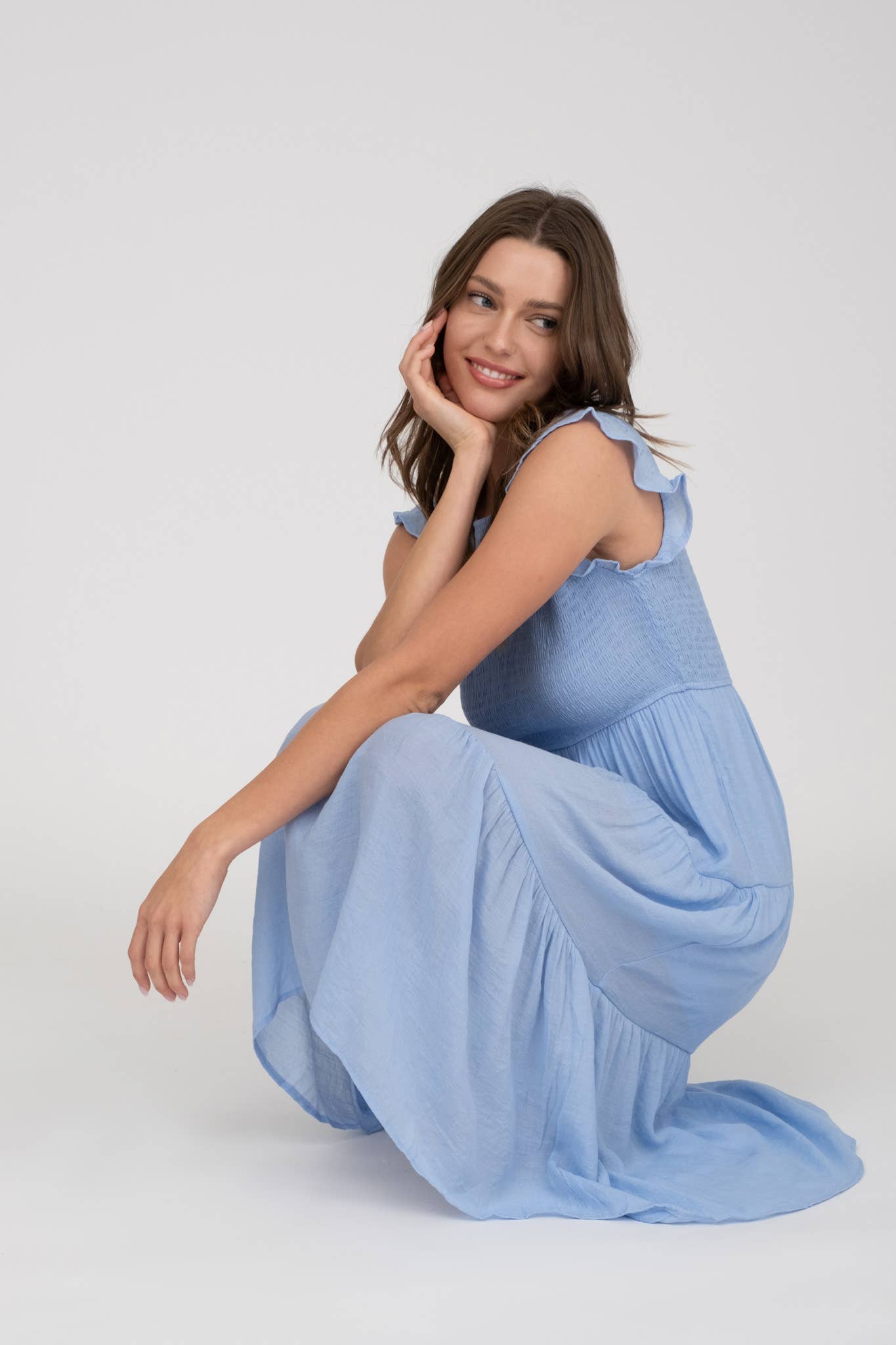 SMOCKED TIERED MIDI DRESS: LIGHT SAGE