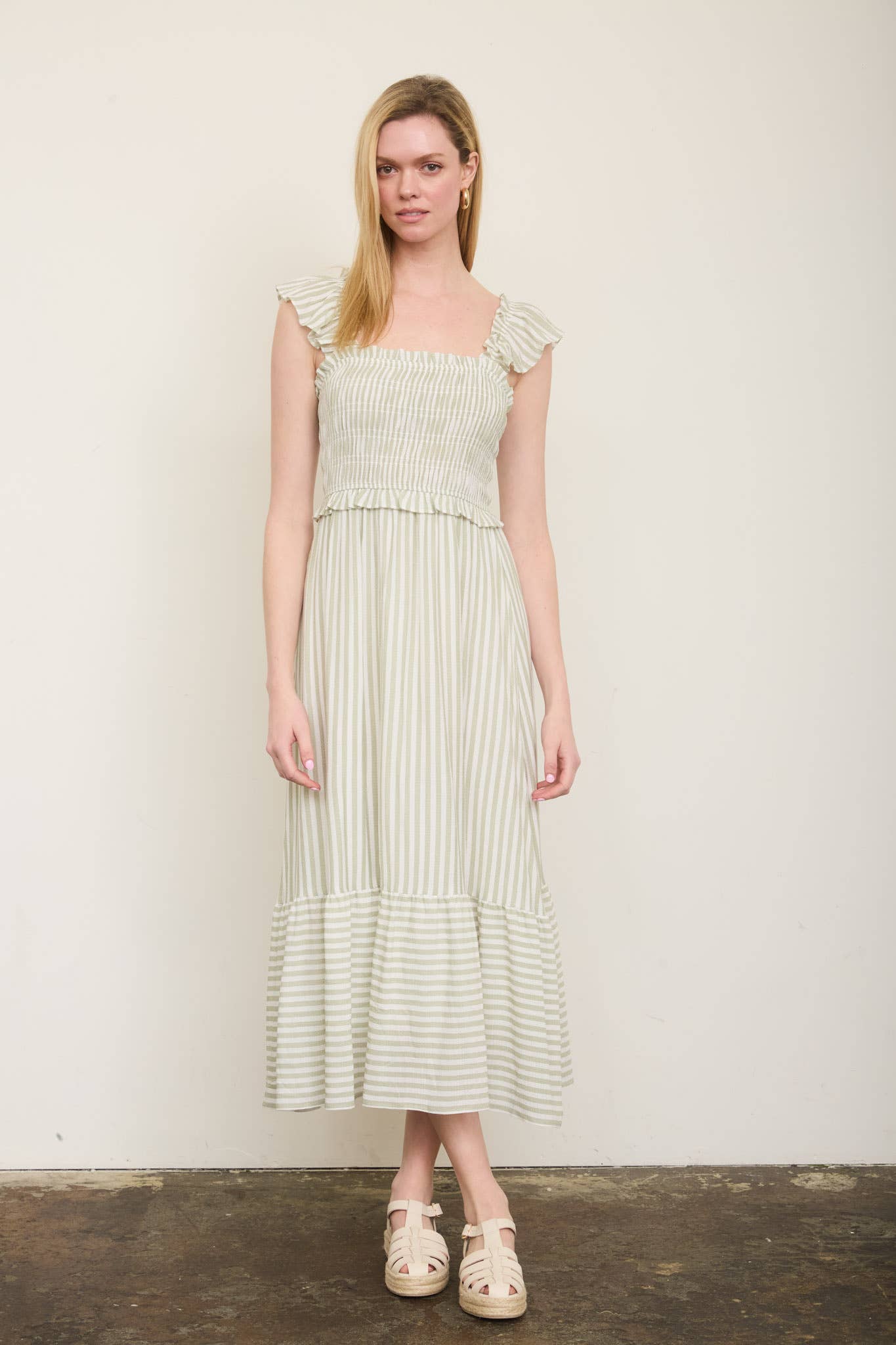 PLUS STRIPE SMOCKED RUFFLE TRIM MIDI DRESS : BLUE