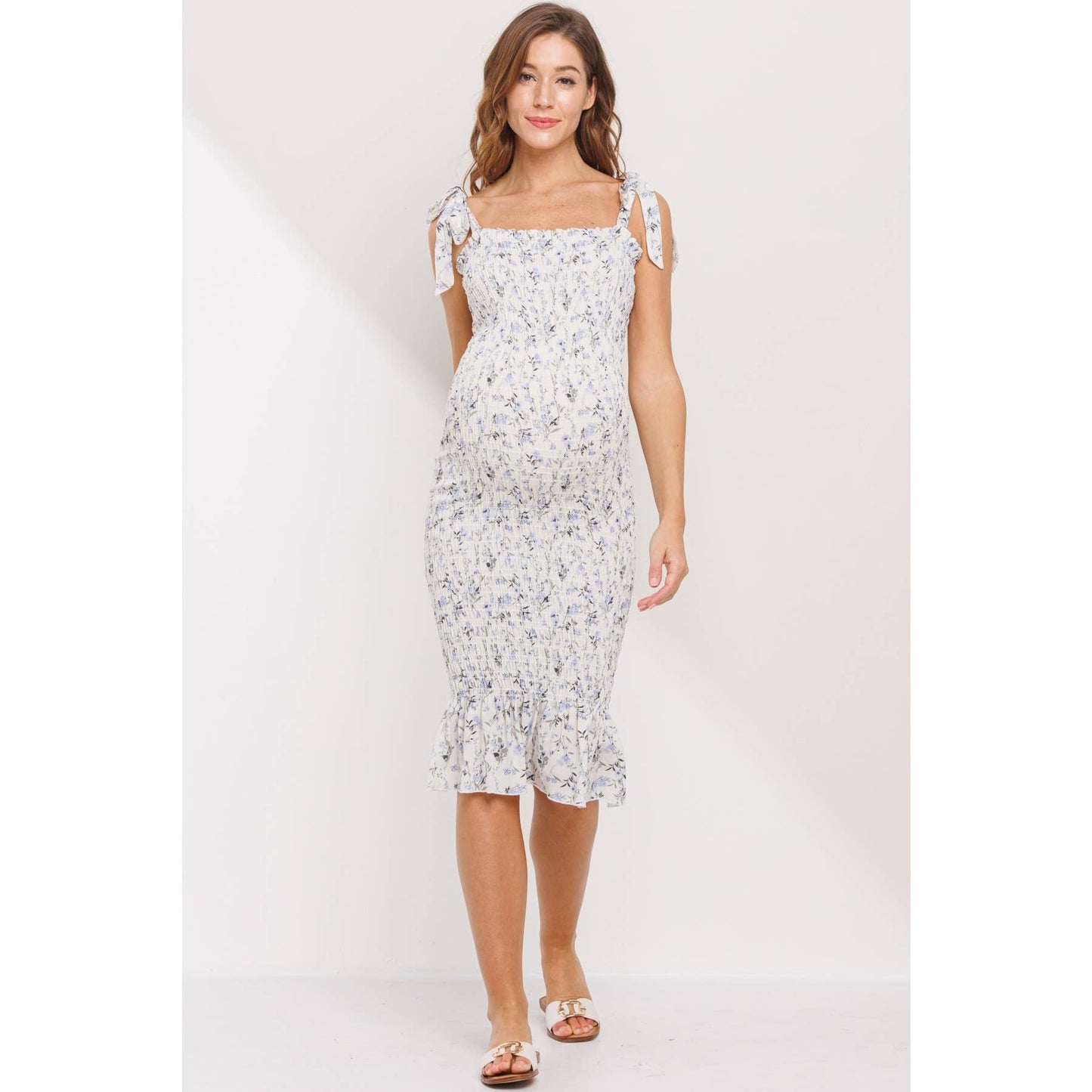 Floral Smocked Tie-Shoulder Maternity Dress: Cream