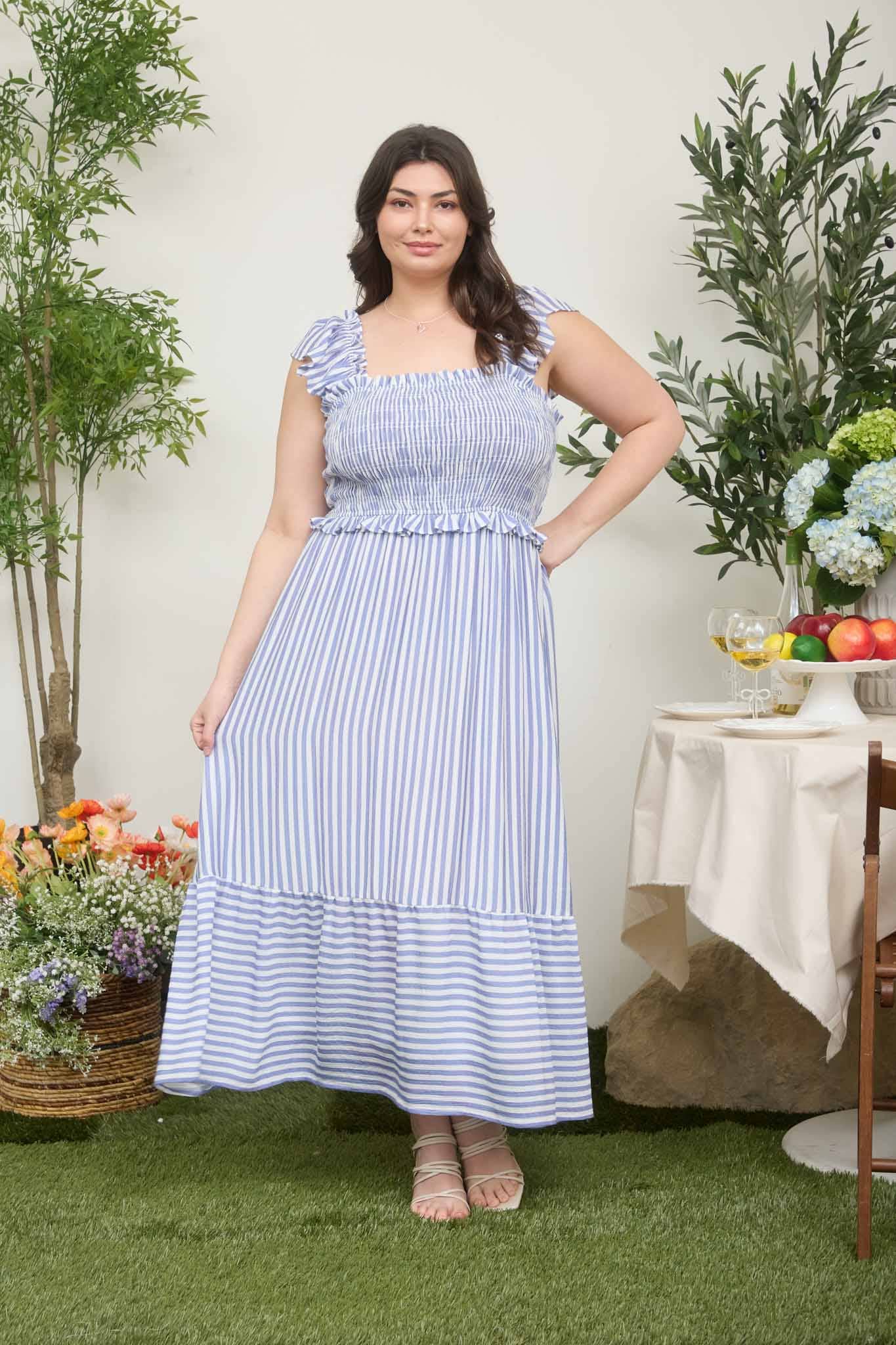 PLUS STRIPE SMOCKED RUFFLE TRIM MIDI DRESS : LIGHT OLIVE