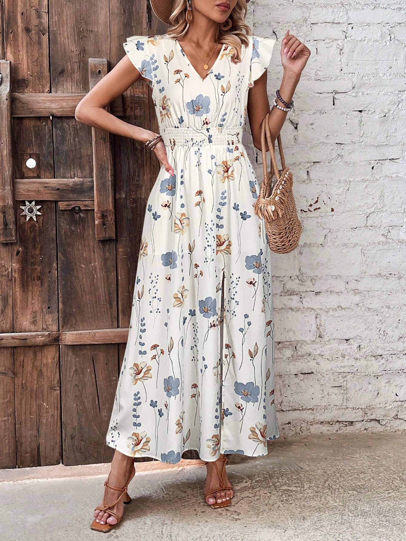 High-waisted slit print waist dress
