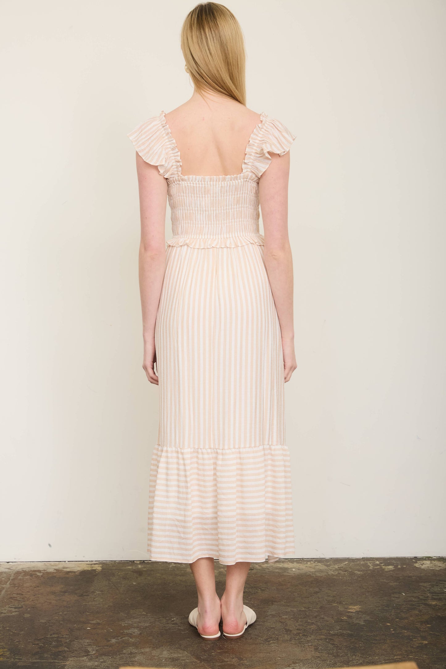 STRIPE SMOCKED RUFFLE TRIM MIDI DRESS: LIGHT OLIVE