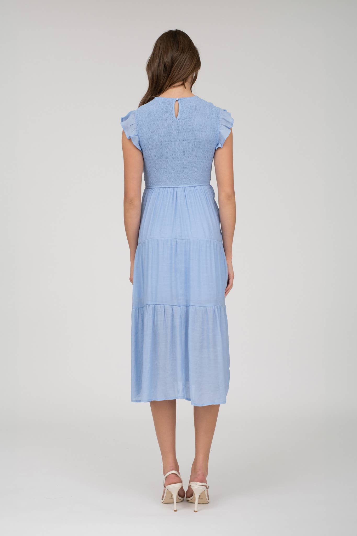 SMOCKED TIERED MIDI DRESS: LIGHT SAGE