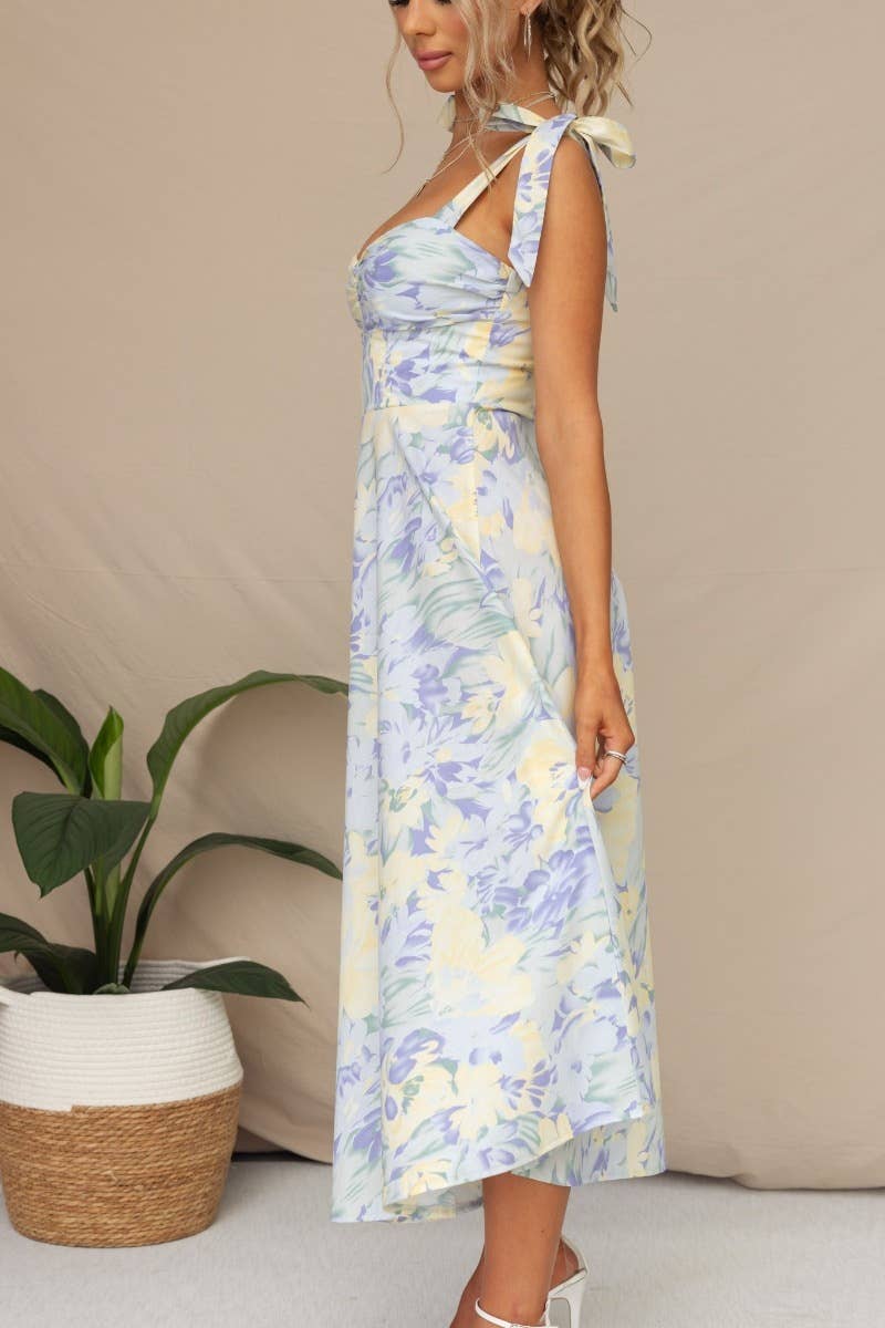 Women's V Neck Tie Strap Dress Flowy Dresses: Blue