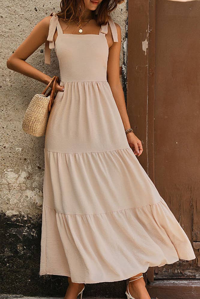 Summer Square Neck Tie Strap Dress: Apricot