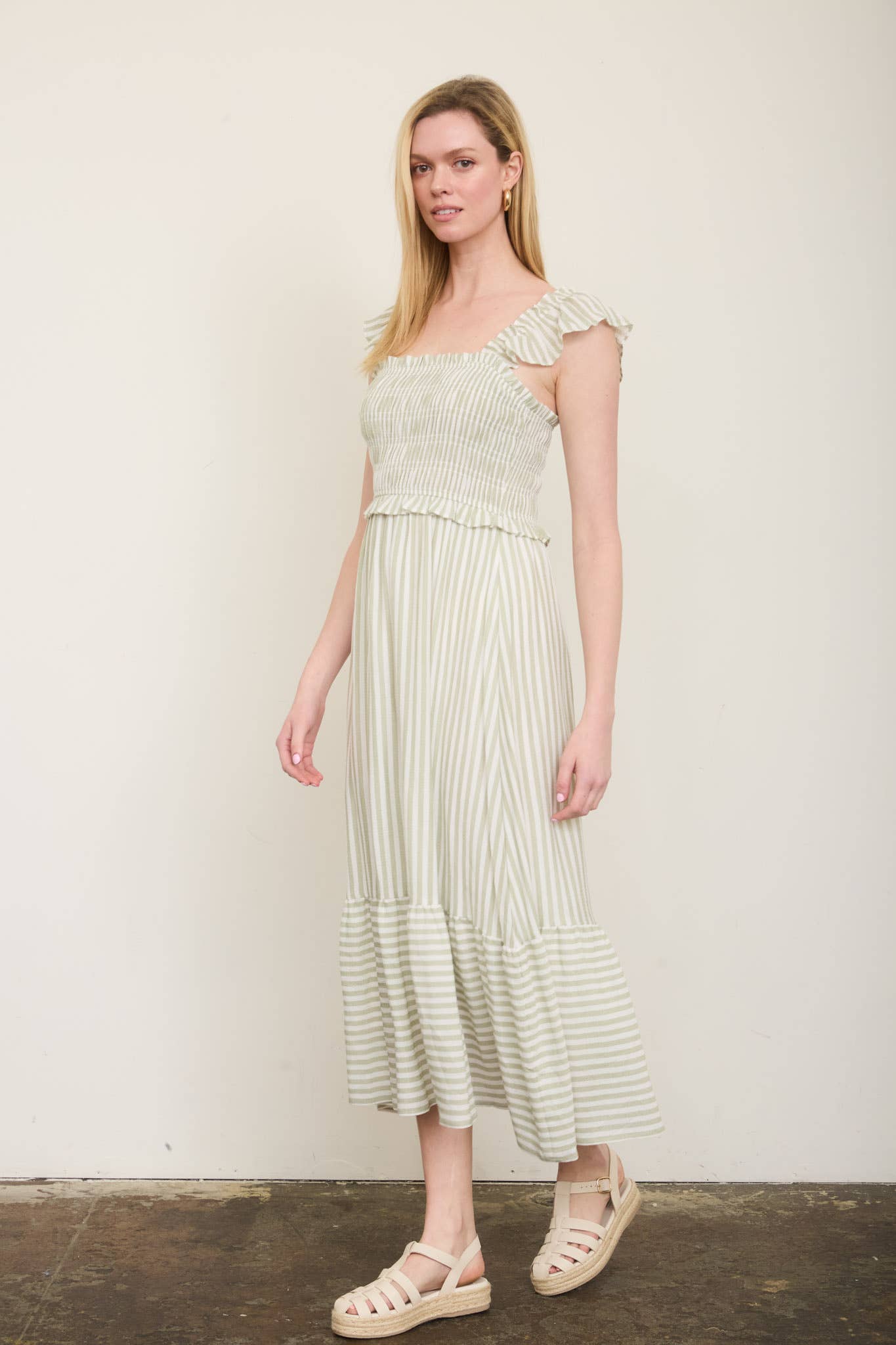 PLUS STRIPE SMOCKED RUFFLE TRIM MIDI DRESS : BLUE