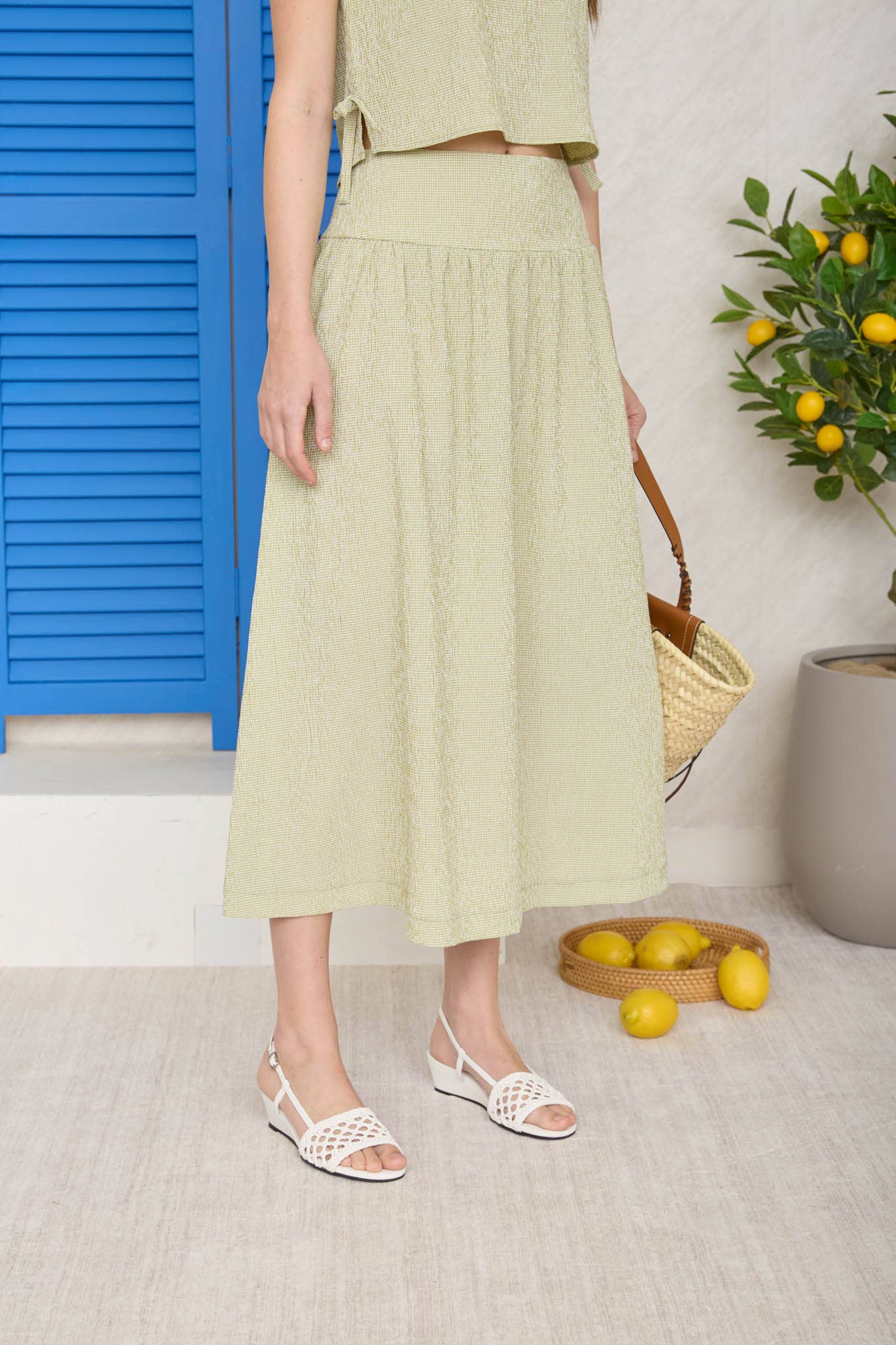 PLAID WIDE WAISTBAND MIDI SKIRT: OLIVE