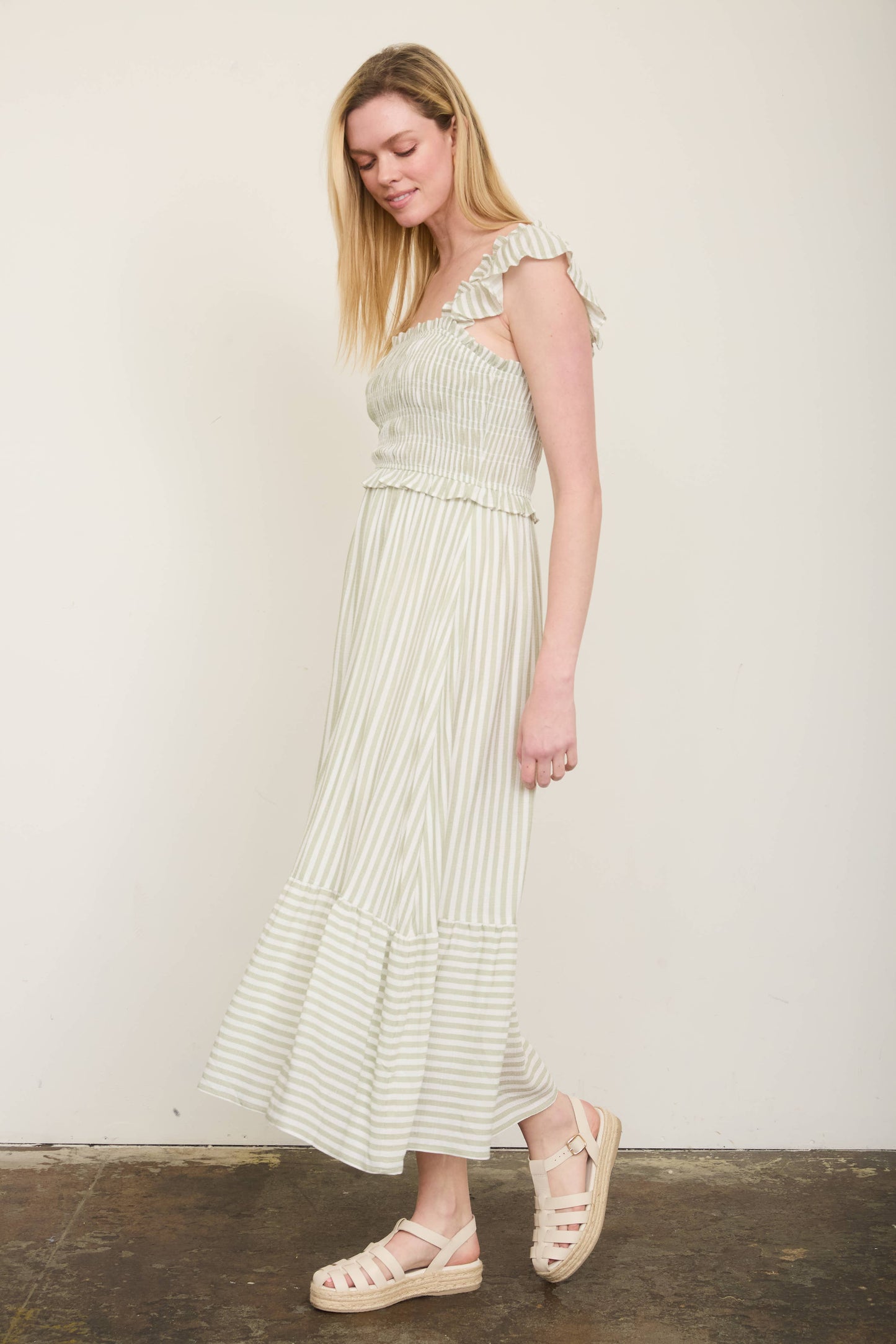 STRIPE SMOCKED RUFFLE TRIM MIDI DRESS: LIGHT OLIVE