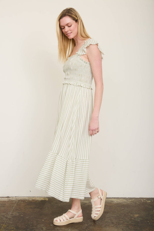 STRIPE SMOCKED RUFFLE TRIM MIDI DRESS: LIGHT OLIVE