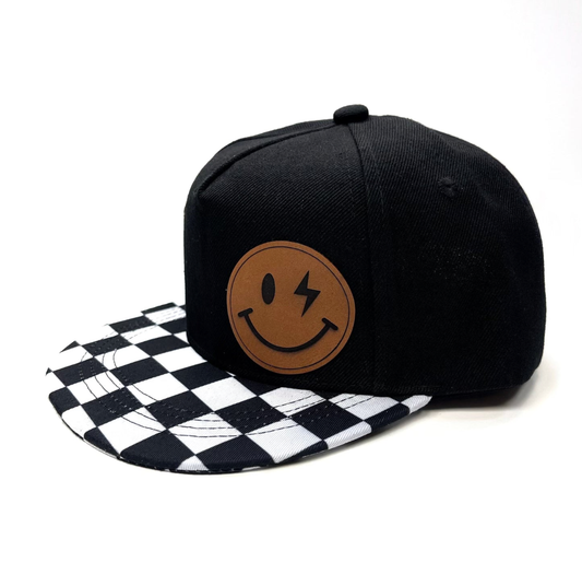 Lightning Bolt Smiley Hat: YOUTH BLACK W/CHECK BILL