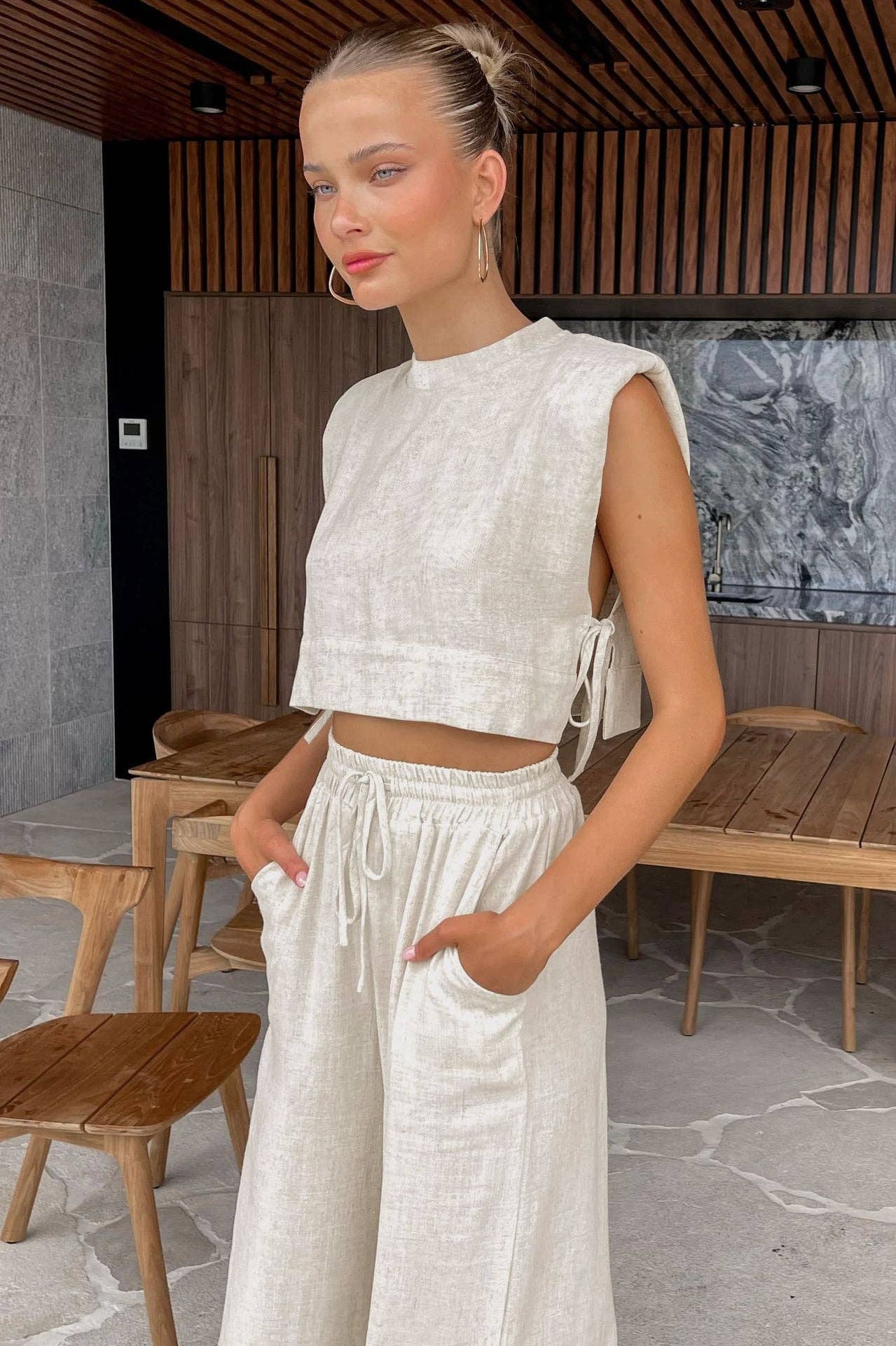 Linen Sleeveless Crop Top and Pants 2PCS Black