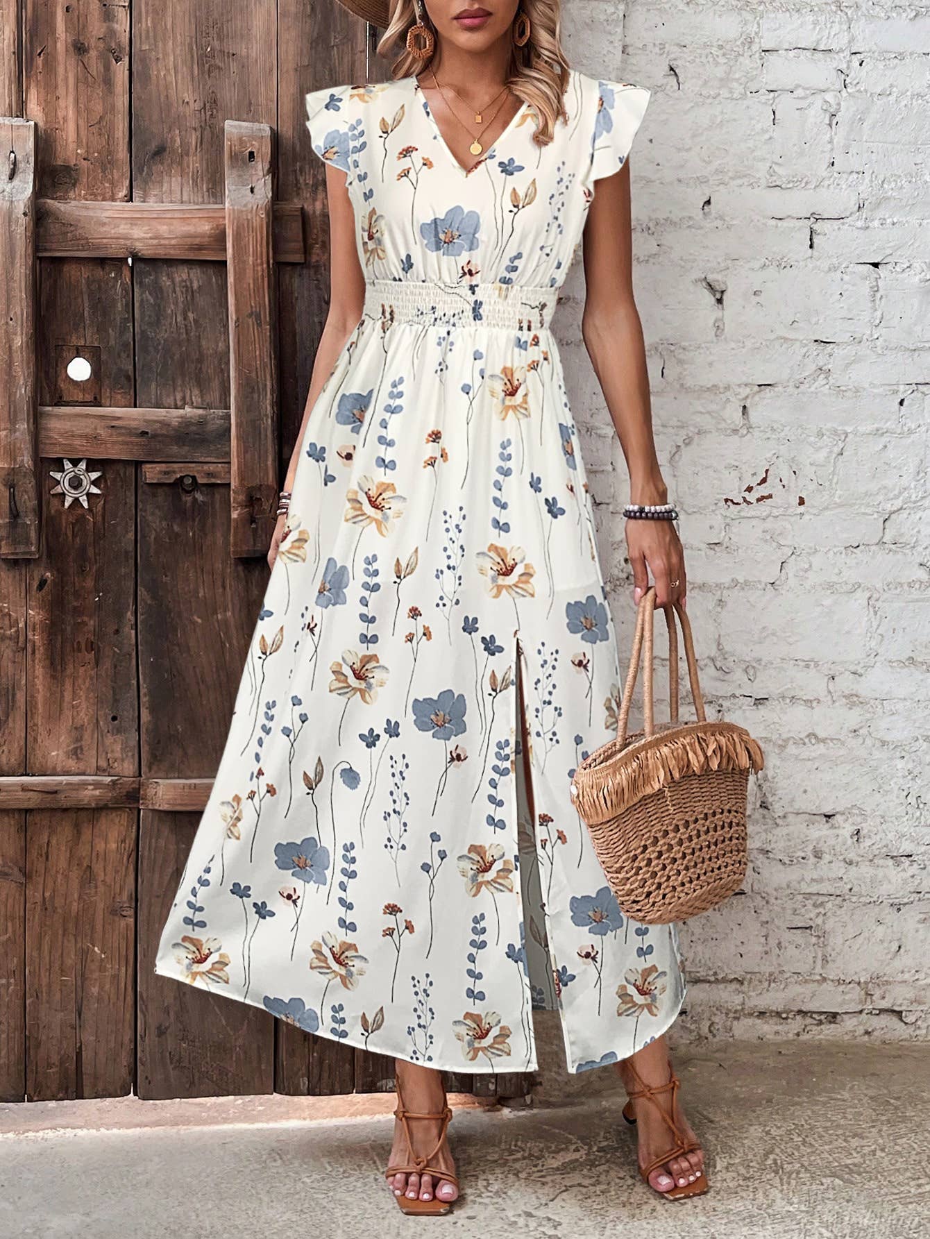 High-waisted slit print waist dress