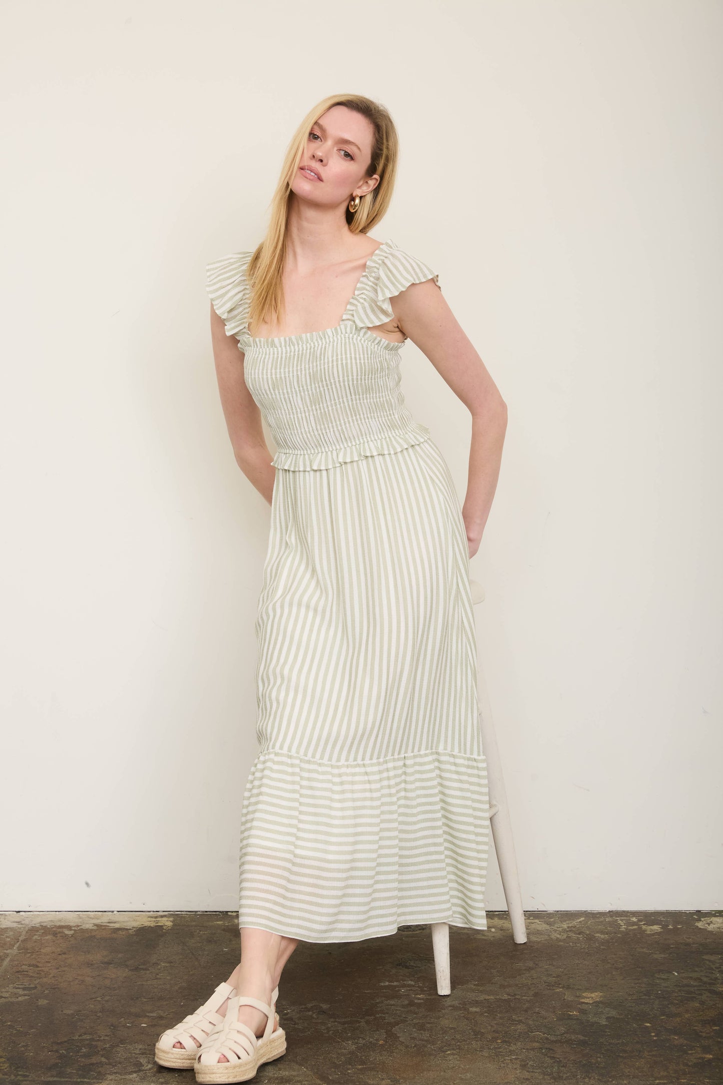 STRIPE SMOCKED RUFFLE TRIM MIDI DRESS: LIGHT OLIVE