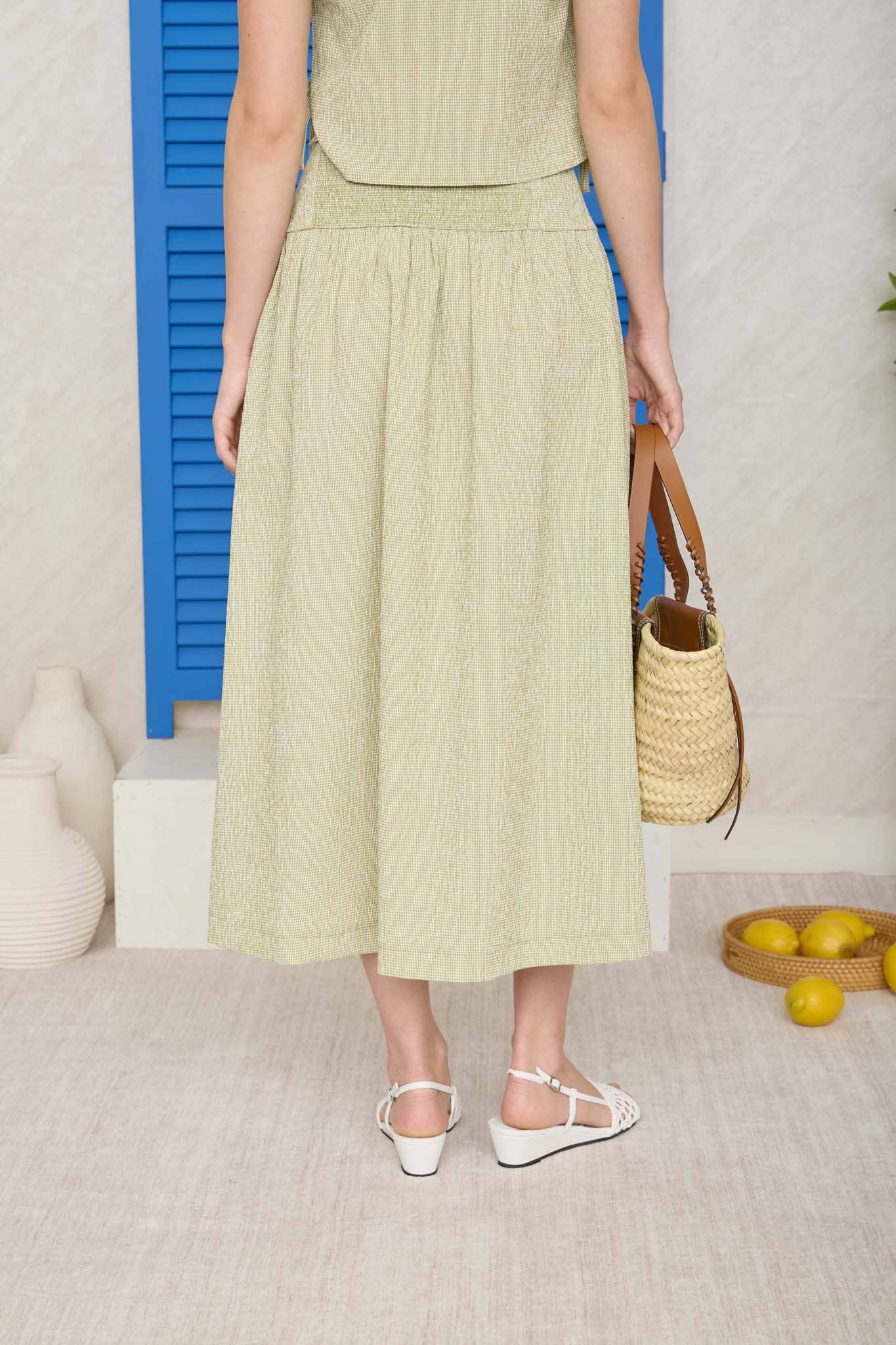 PLAID WIDE WAISTBAND MIDI SKIRT: OLIVE