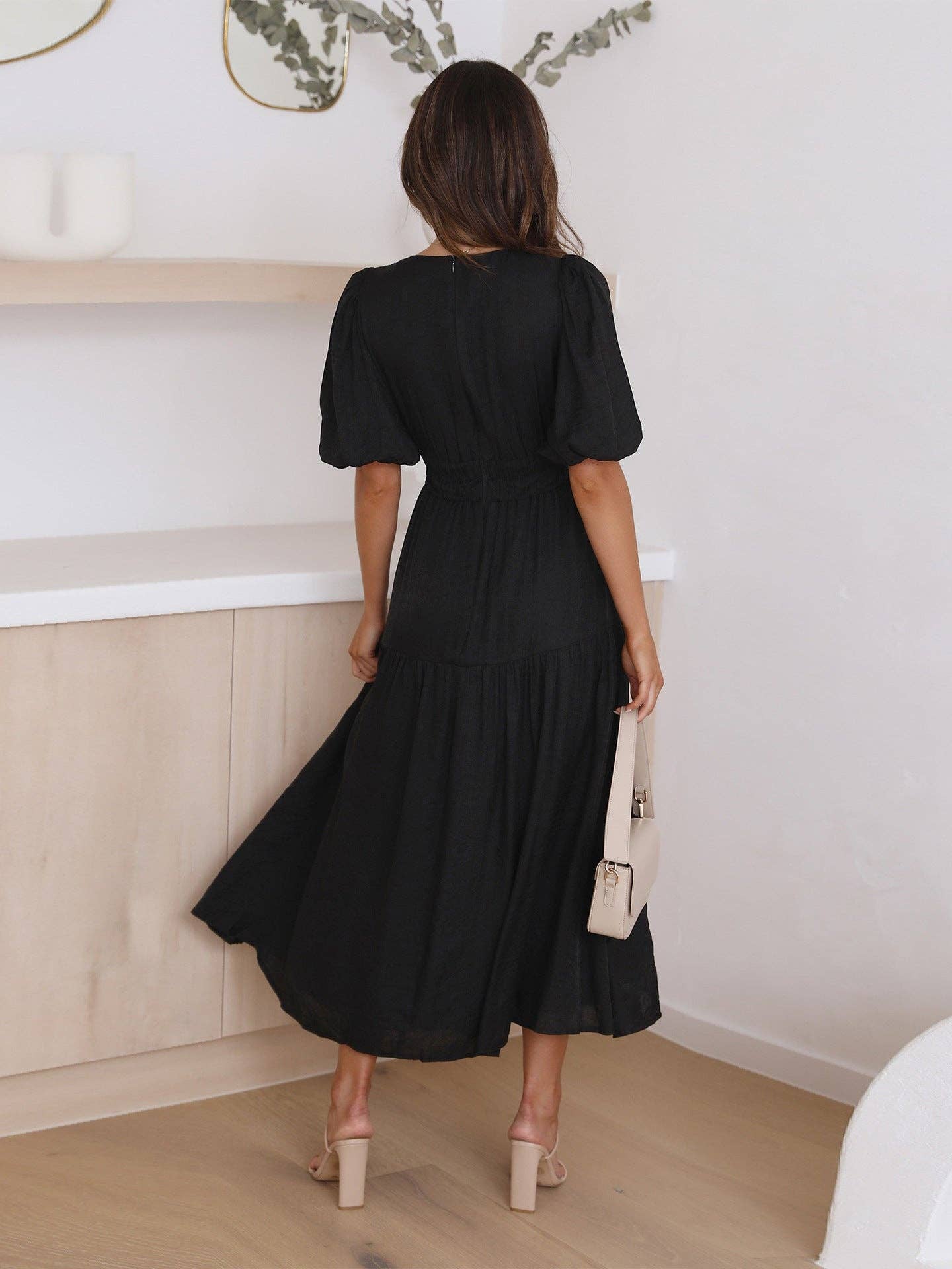 Ladies Bubble Sleeves V-Neck Daily Midi Dress Black