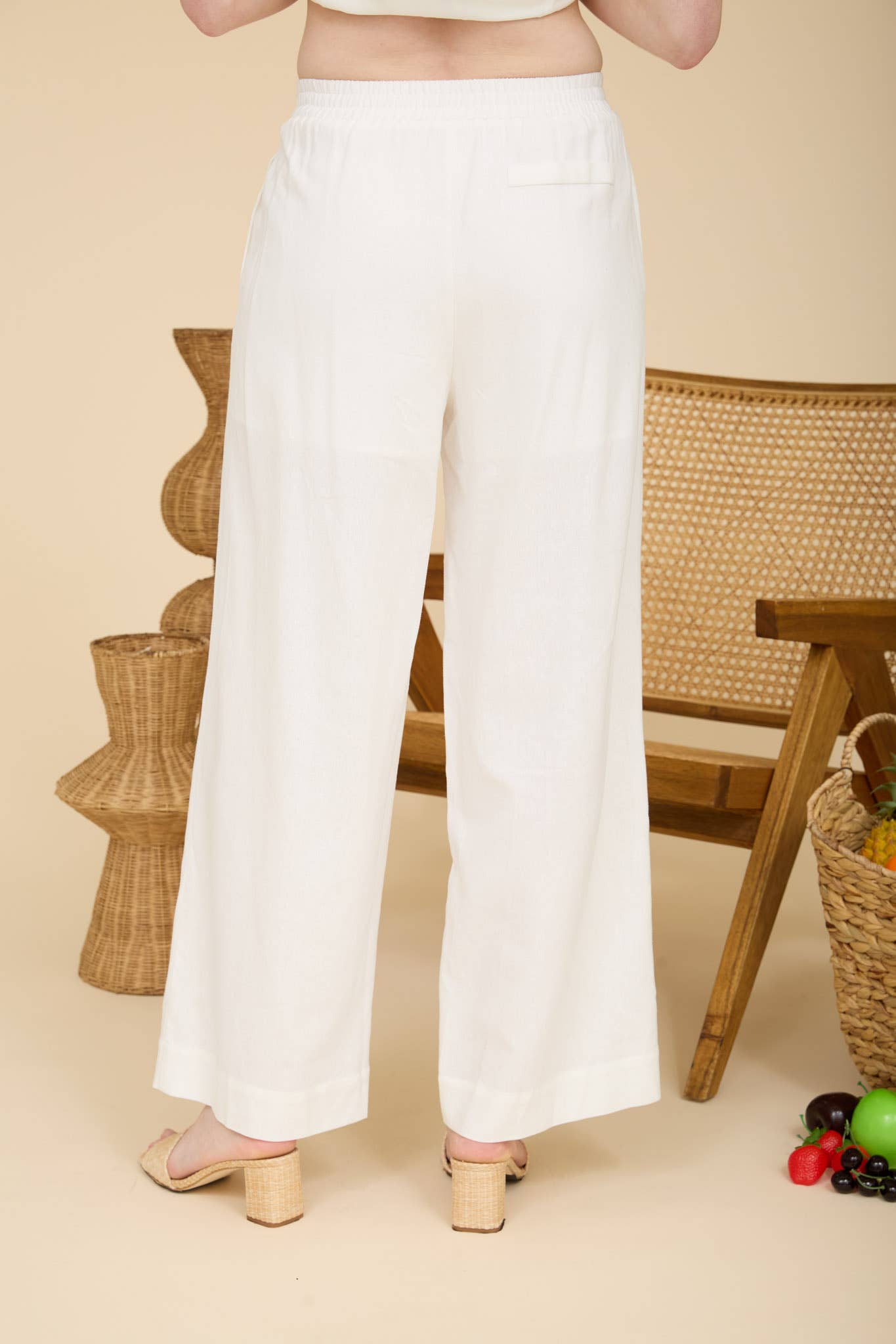 ELASTIC WAIST WIDE LEG LINEN PANTS: WHITE
