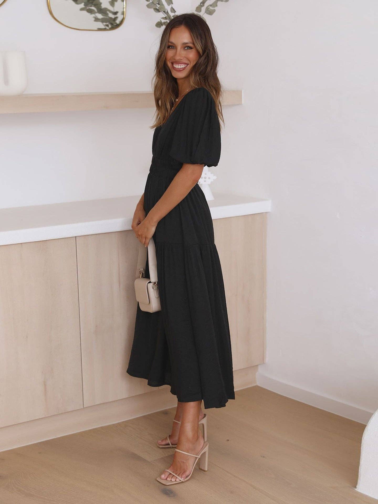 Ladies Bubble Sleeves V-Neck Daily Midi Dress Black