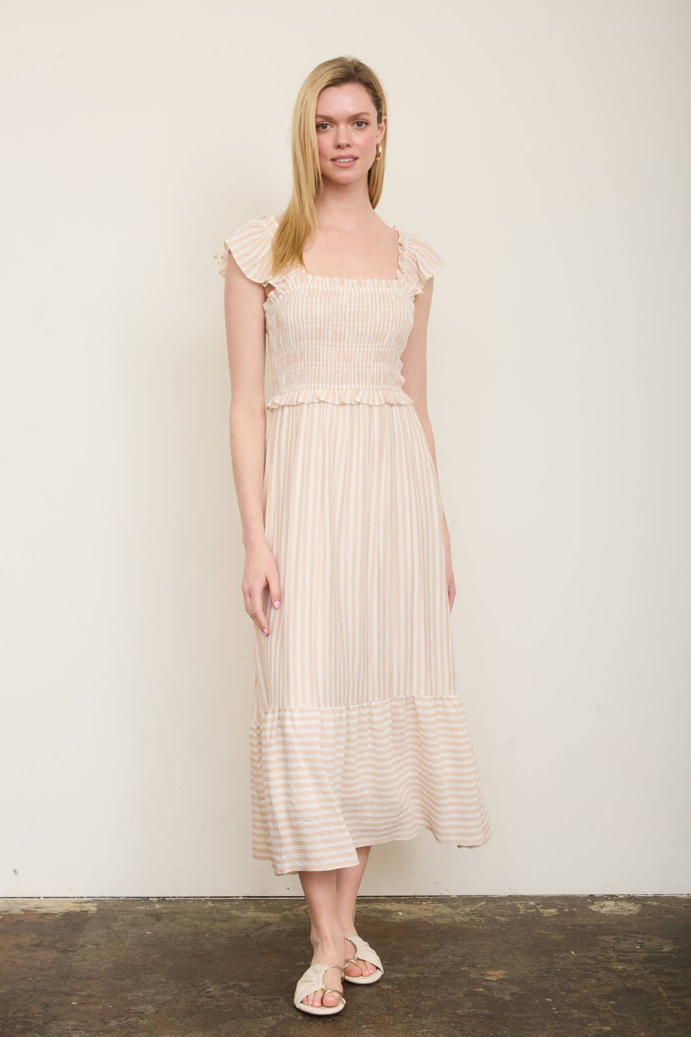 PLUS STRIPE SMOCKED RUFFLE TRIM MIDI DRESS : BLUE