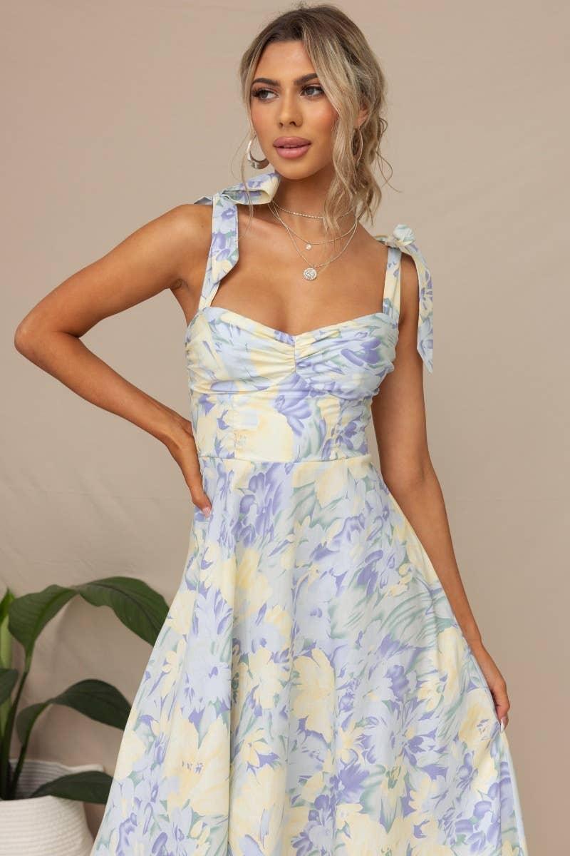 Women's V Neck Tie Strap Dress Flowy Dresses: Blue