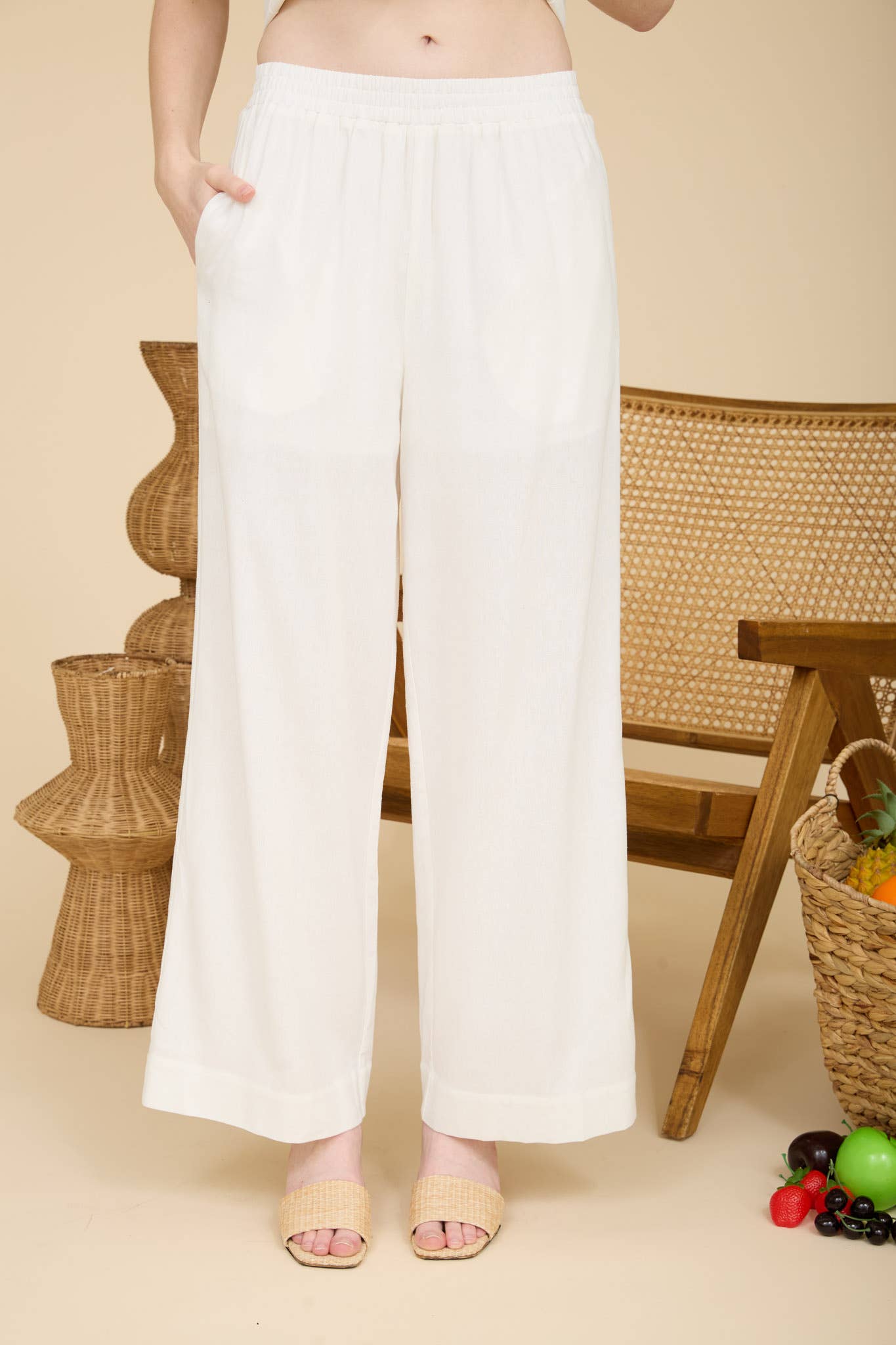 ELASTIC WAIST WIDE LEG LINEN PANTS: WHITE