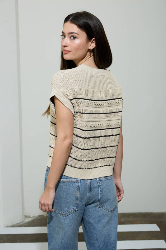 MULTI-STRIPE SHORT SLEEVE BUTTON DOWN CARDIGAN: CREAM