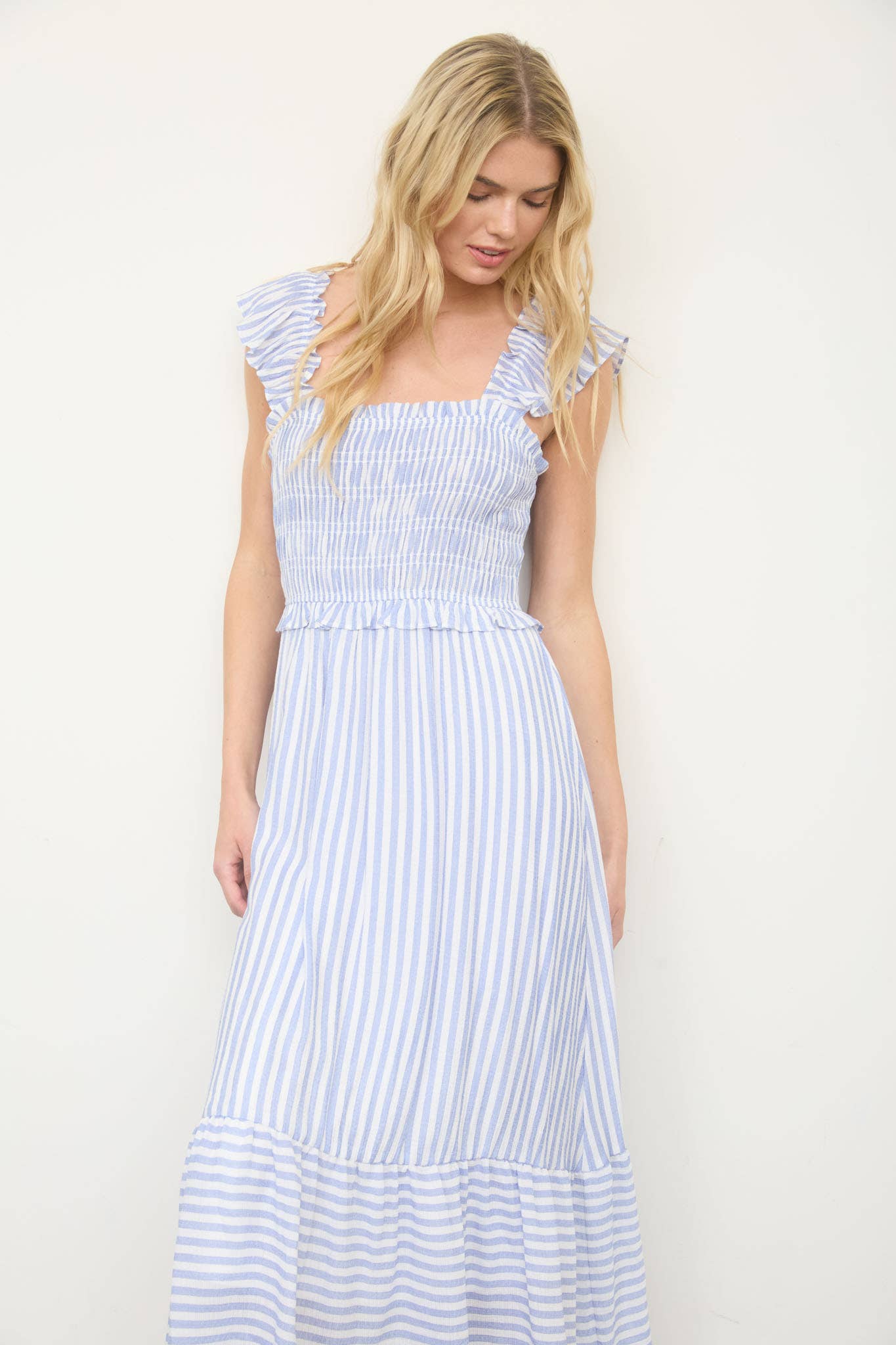 STRIPE SMOCKED RUFFLE TRIM MIDI DRESS: LIGHT OLIVE