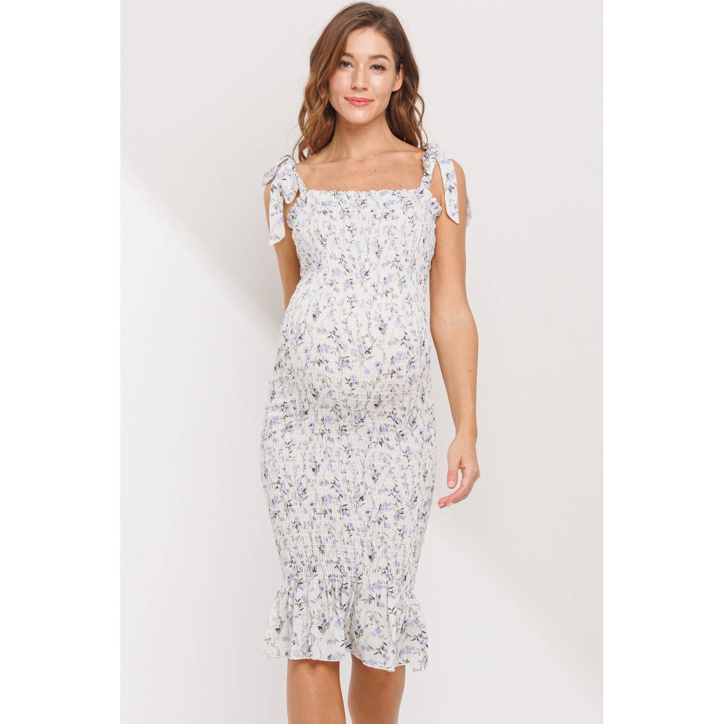 Floral Smocked Tie-Shoulder Maternity Dress: Cream