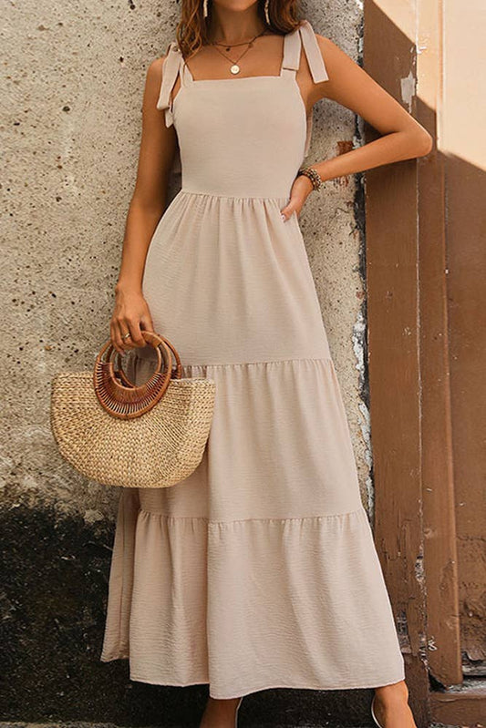 Summer Square Neck Tie Strap Dress: Apricot