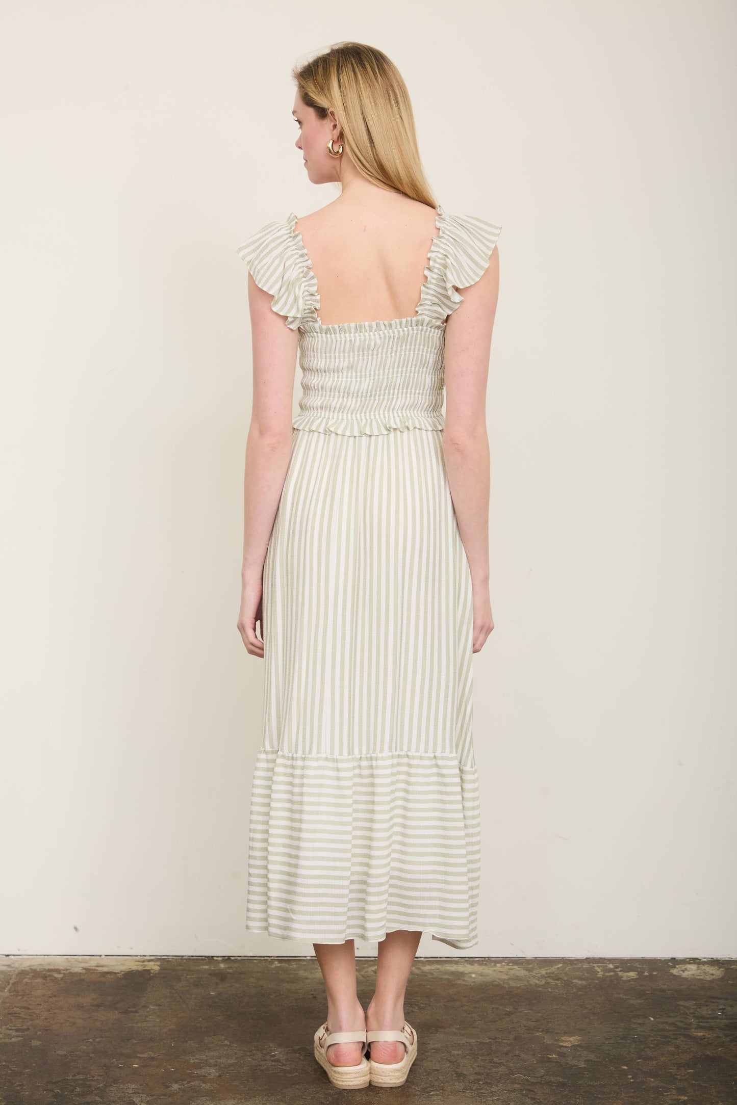 STRIPE SMOCKED RUFFLE TRIM MIDI DRESS: LIGHT OLIVE