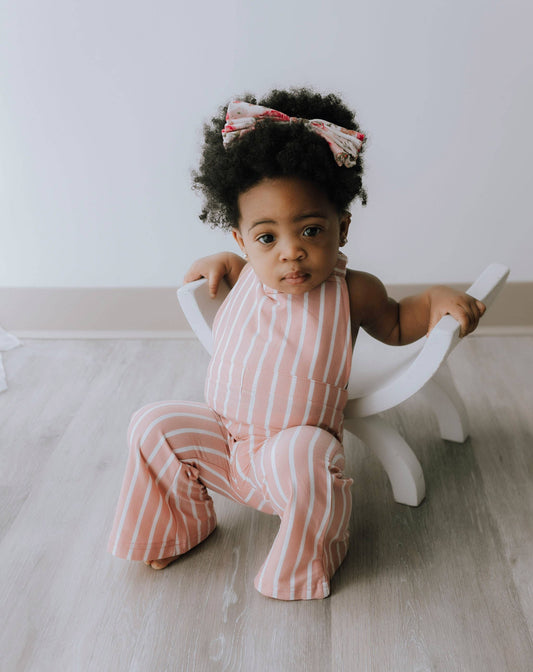 Kellyn Bell Bottom Suspender Jumpsuit - Mauve Stripe: 12-18months