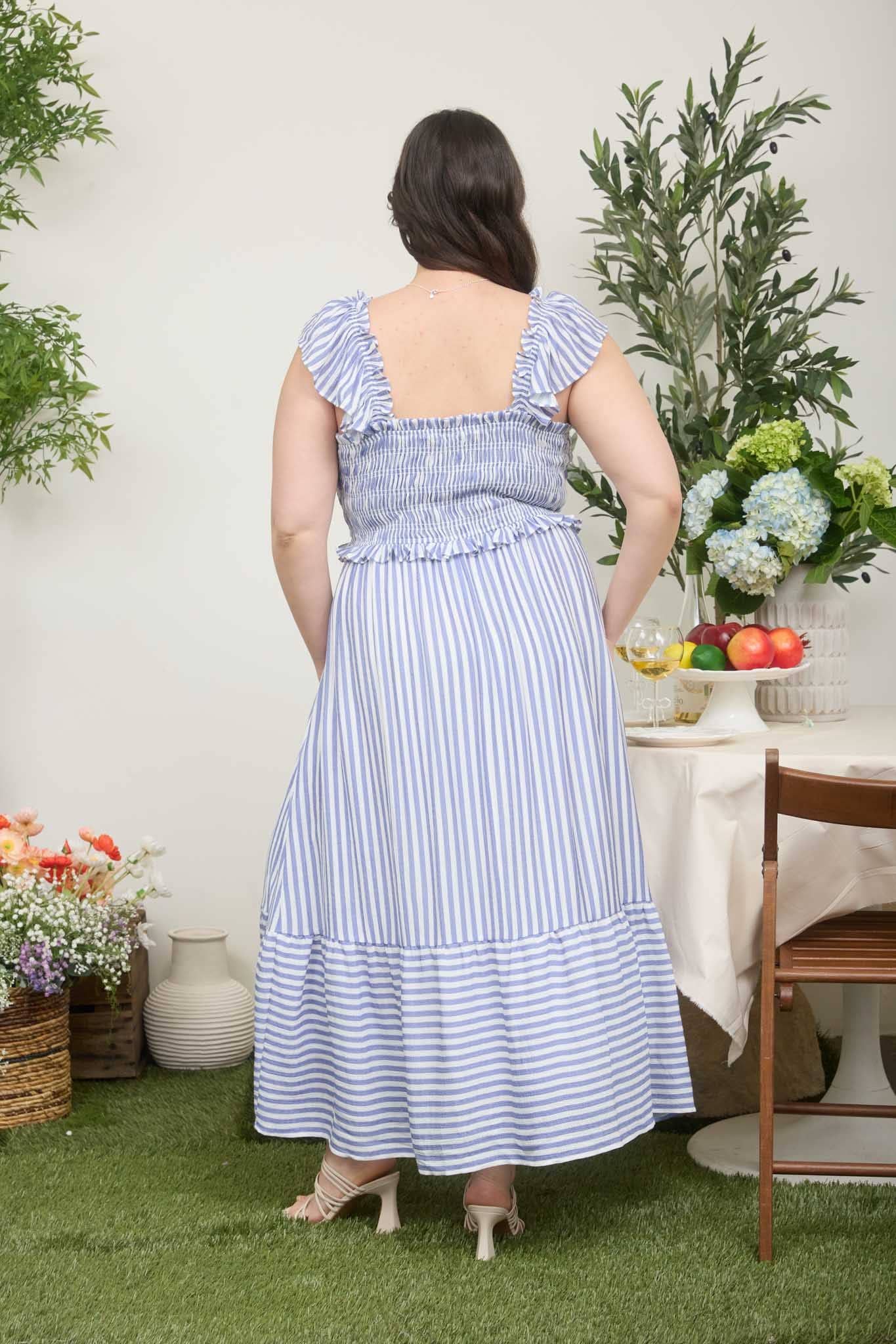 PLUS STRIPE SMOCKED RUFFLE TRIM MIDI DRESS : BLUE