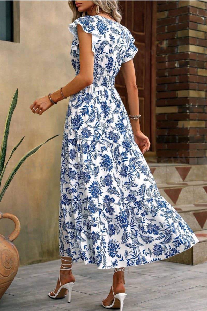 FLORAL PRINT DRESS WITH BUTTERFLY SLEEVES HEMMED: BLUE