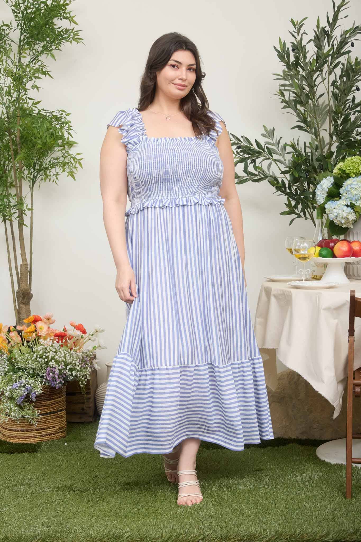 PLUS STRIPE SMOCKED RUFFLE TRIM MIDI DRESS : BLUE