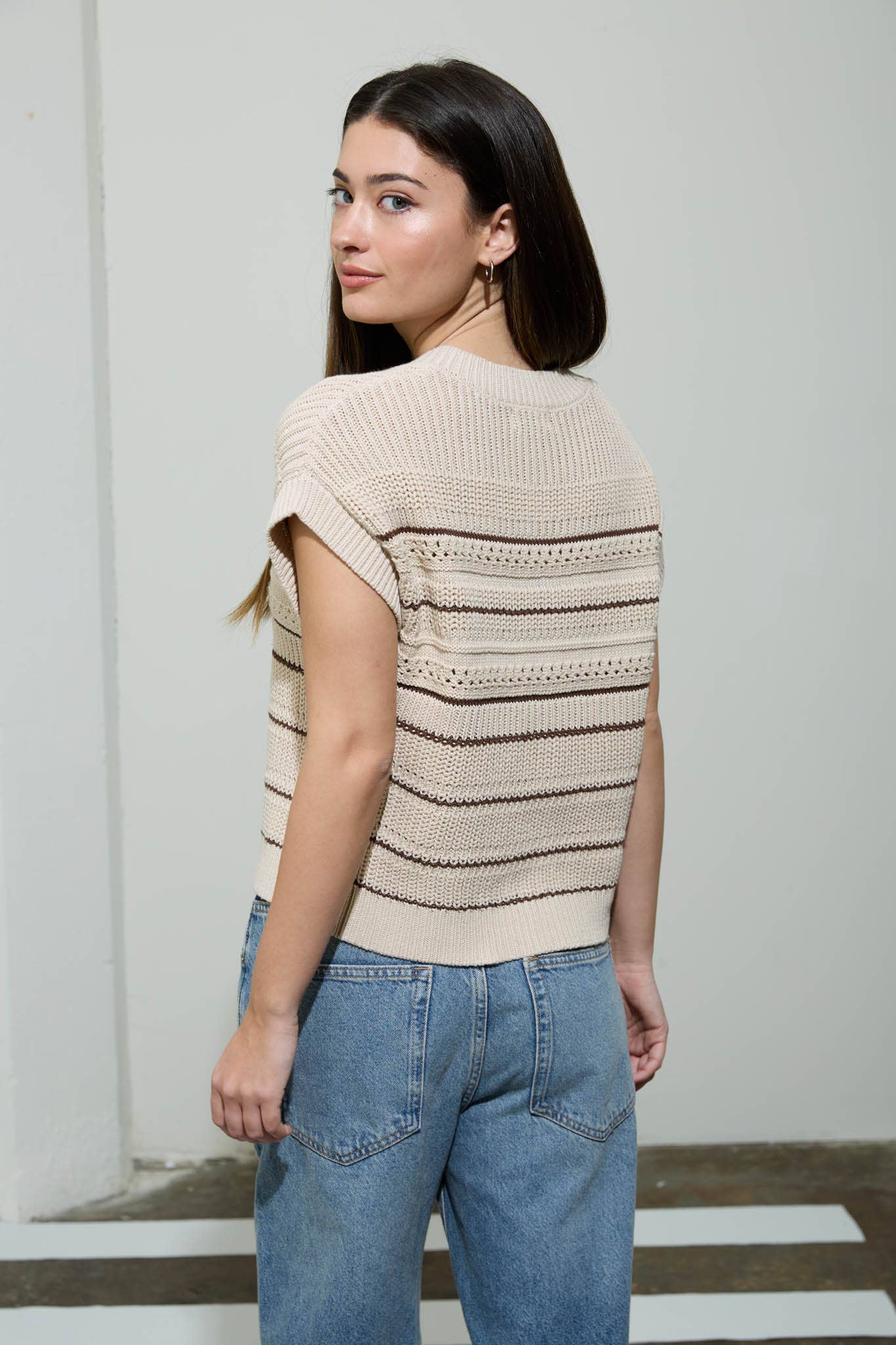 MULTI-STRIPE SHORT SLEEVE BUTTON DOWN CARDIGAN: CREAM