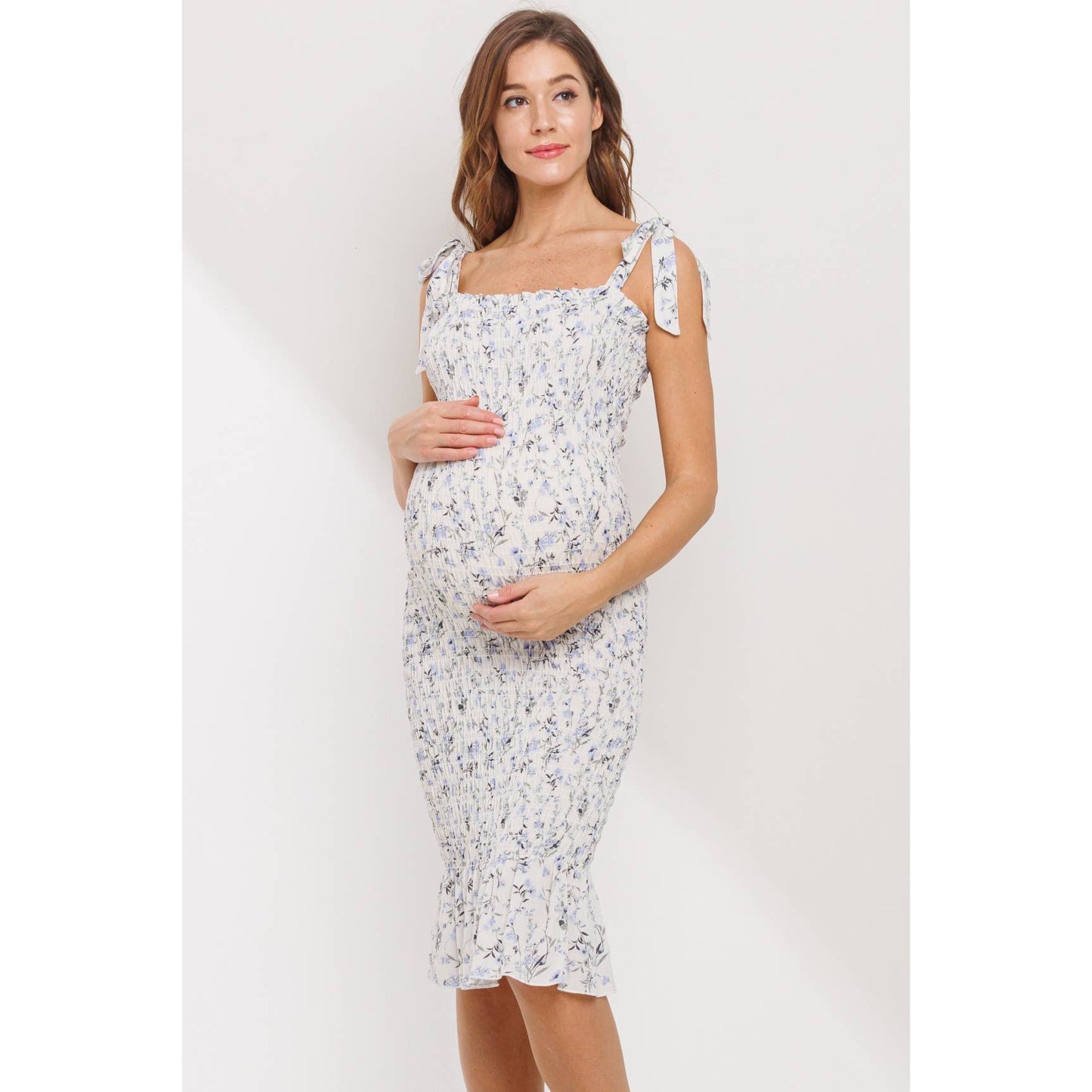 Floral Smocked Tie-Shoulder Maternity Dress: Cream