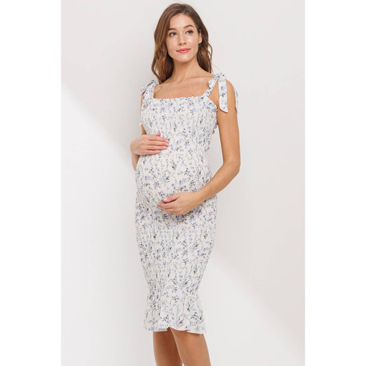 Floral Smocked Tie-Shoulder Maternity Dress: Cream