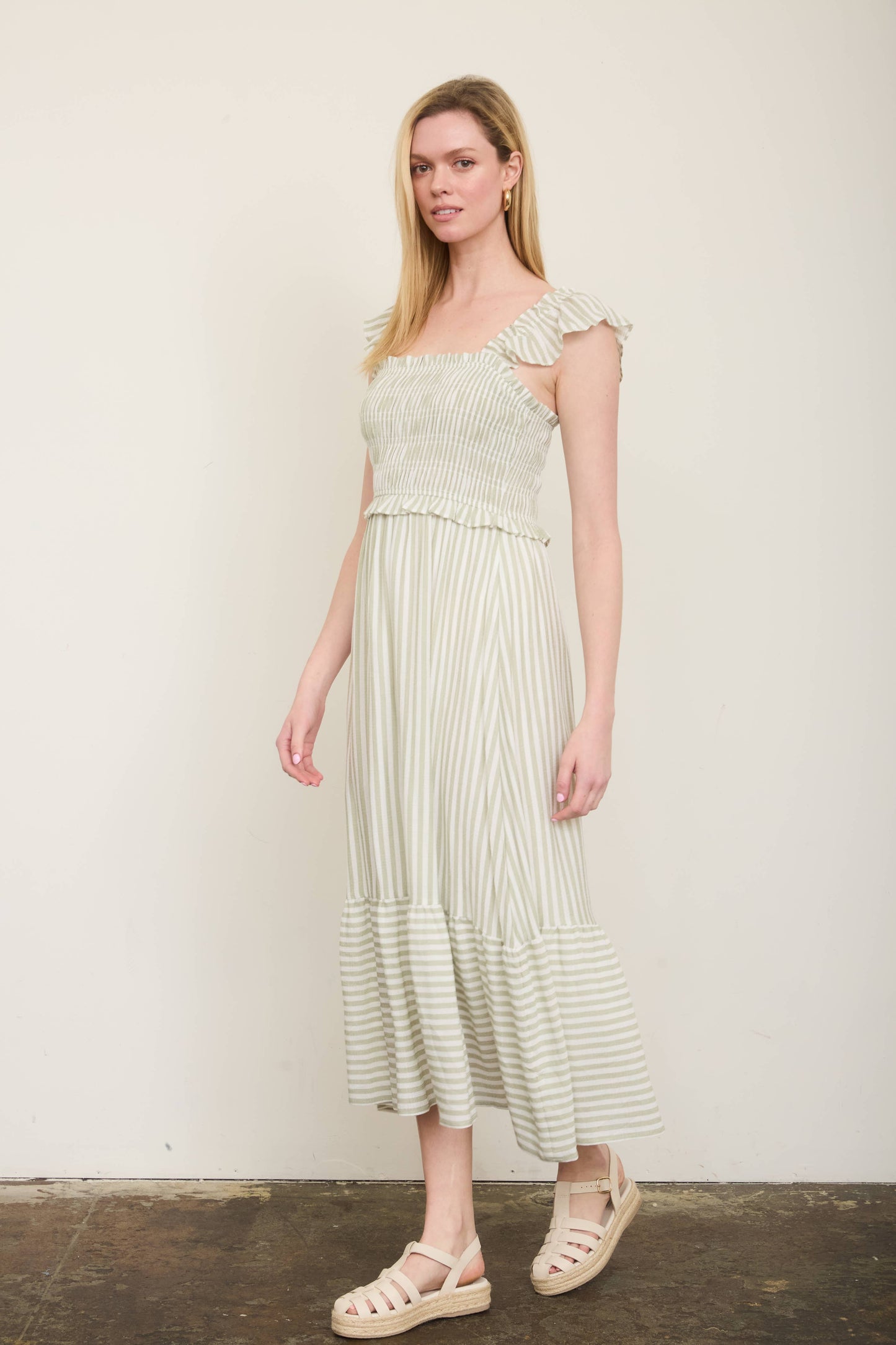 STRIPE SMOCKED RUFFLE TRIM MIDI DRESS: LIGHT OLIVE