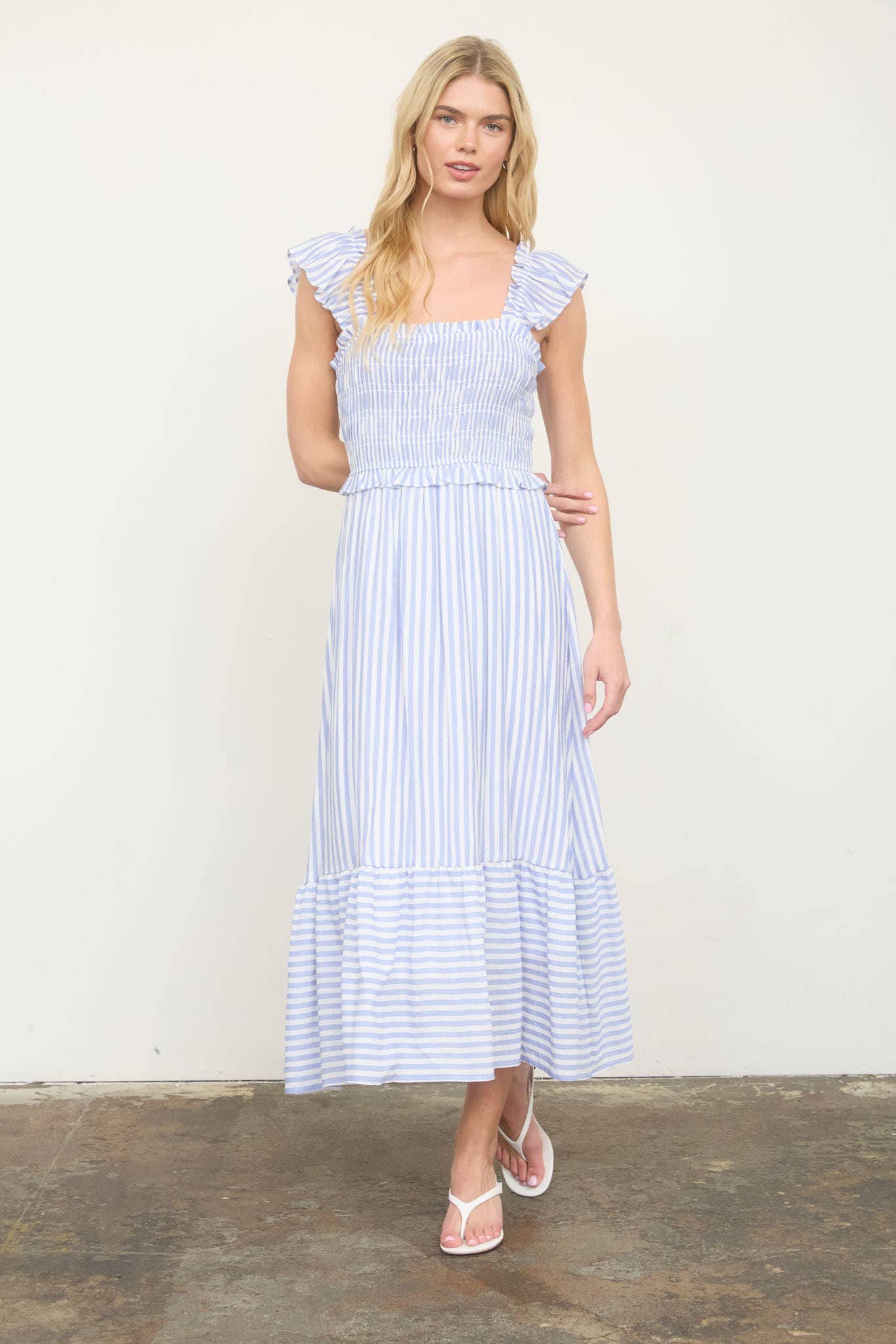 STRIPE SMOCKED RUFFLE TRIM MIDI DRESS: LIGHT OLIVE