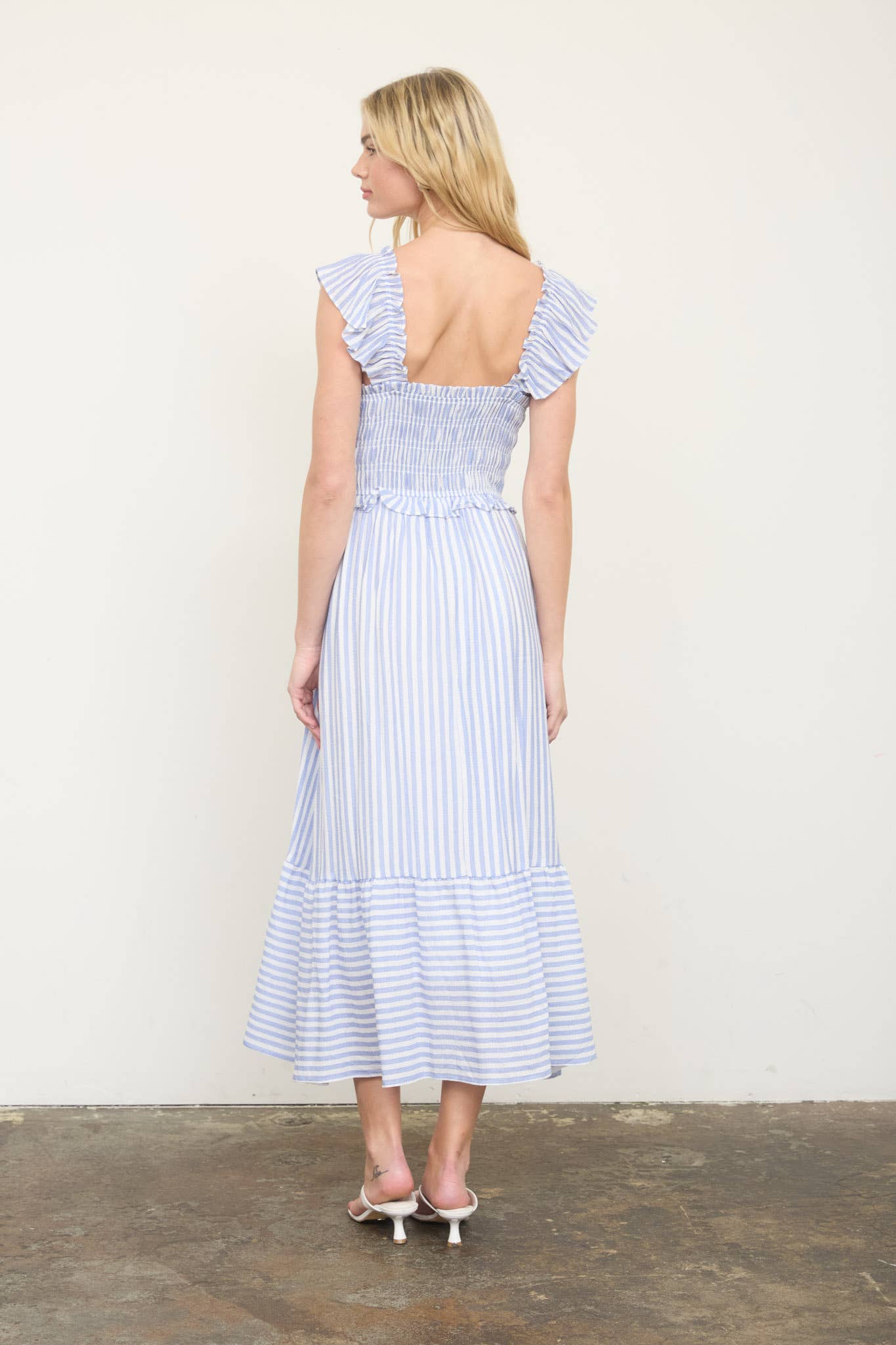 STRIPE SMOCKED RUFFLE TRIM MIDI DRESS: LIGHT OLIVE