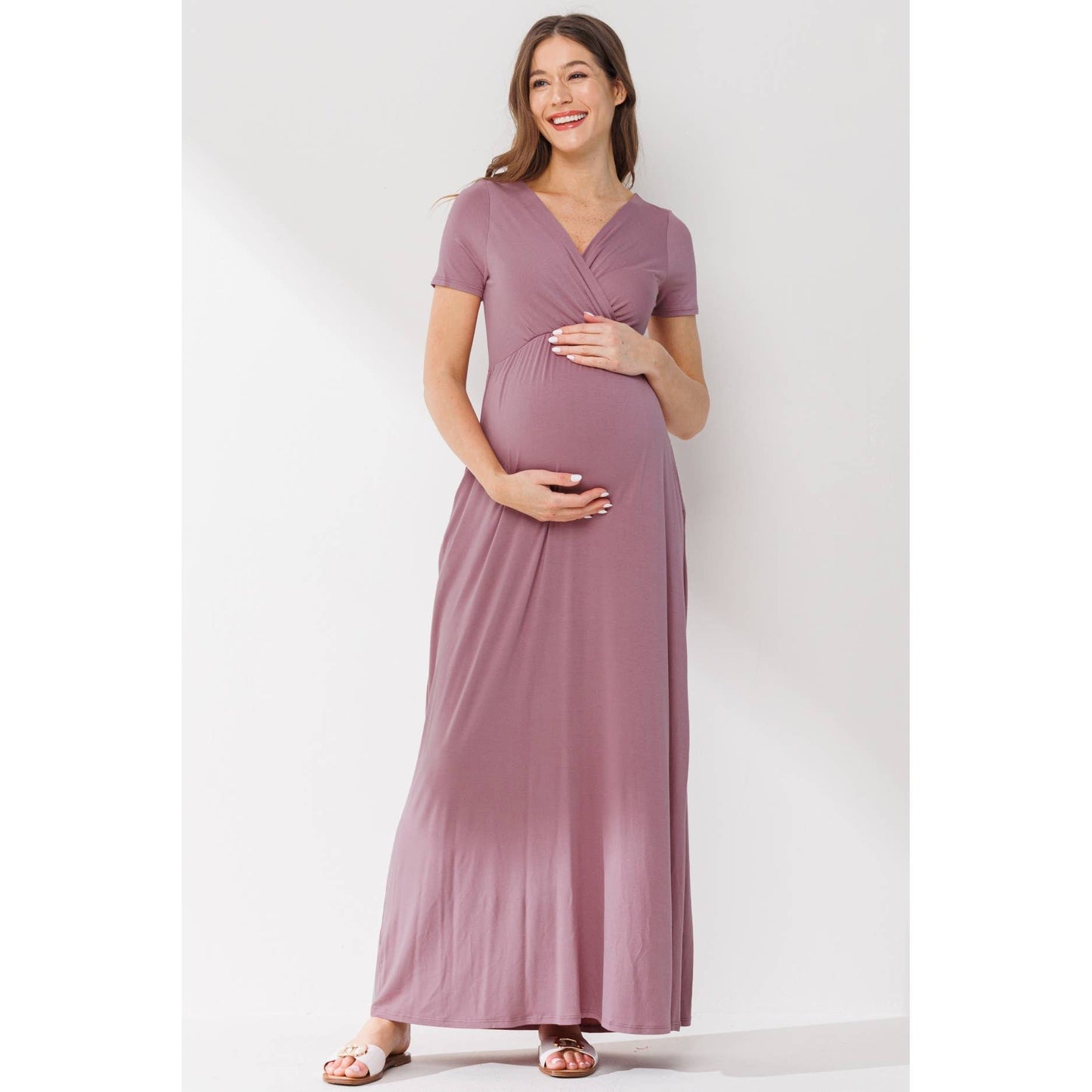 Surplice Maternity Nursing Short Sleeve Maxi Dress: Mauve