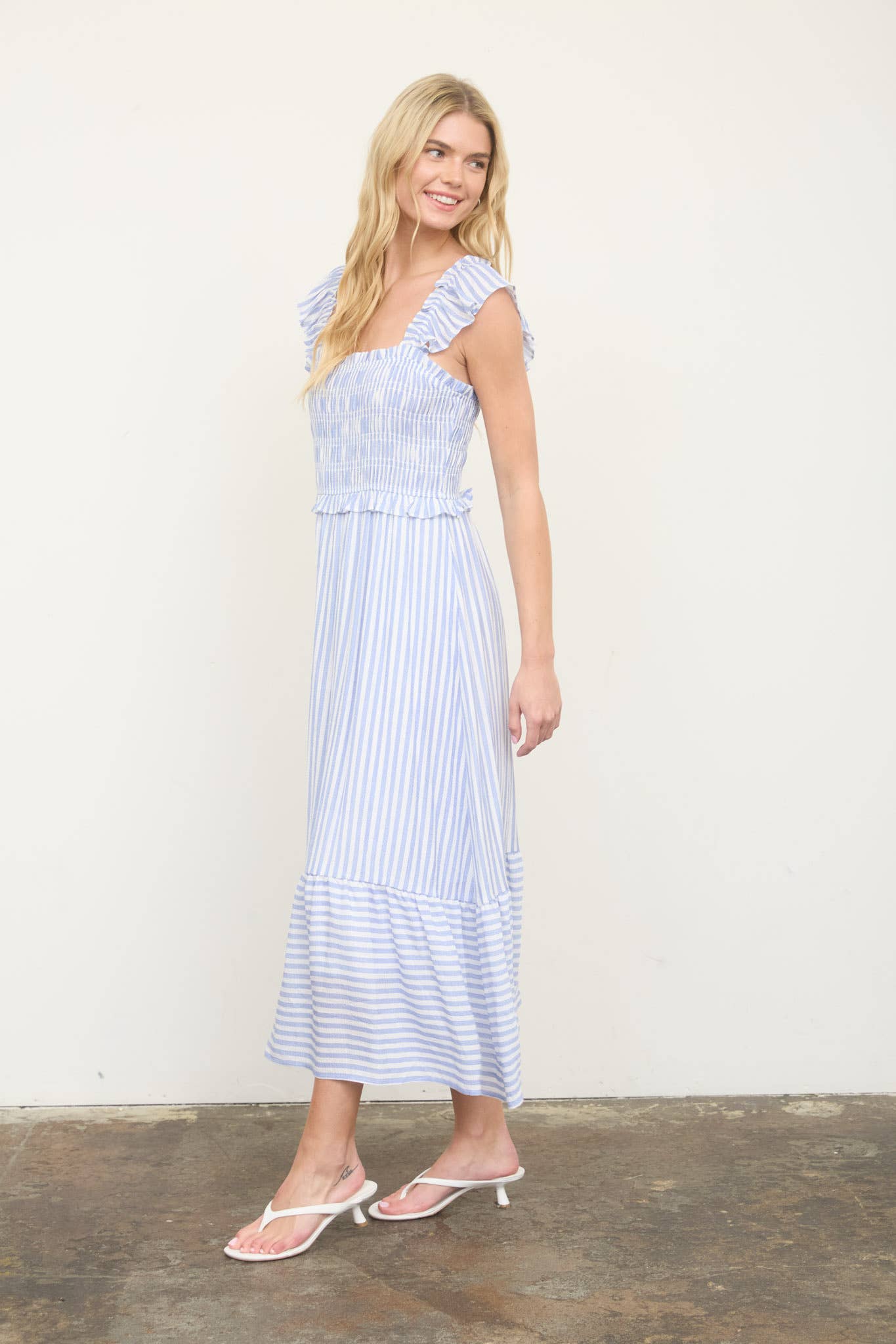 STRIPE SMOCKED RUFFLE TRIM MIDI DRESS: LIGHT OLIVE