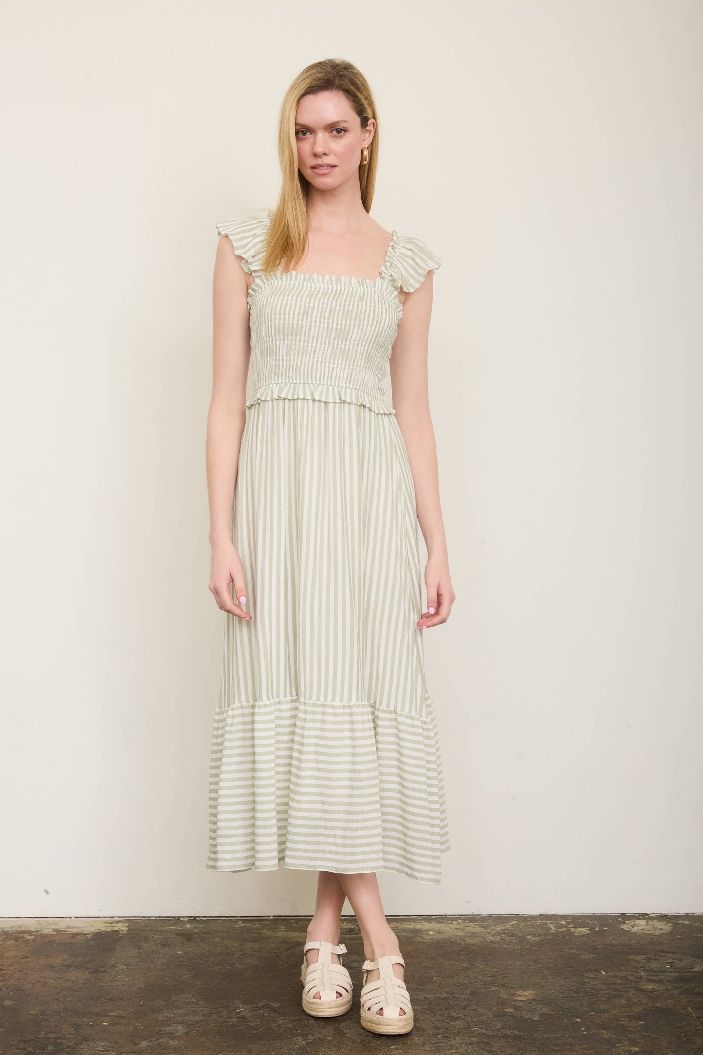 STRIPE SMOCKED RUFFLE TRIM MIDI DRESS: LIGHT OLIVE